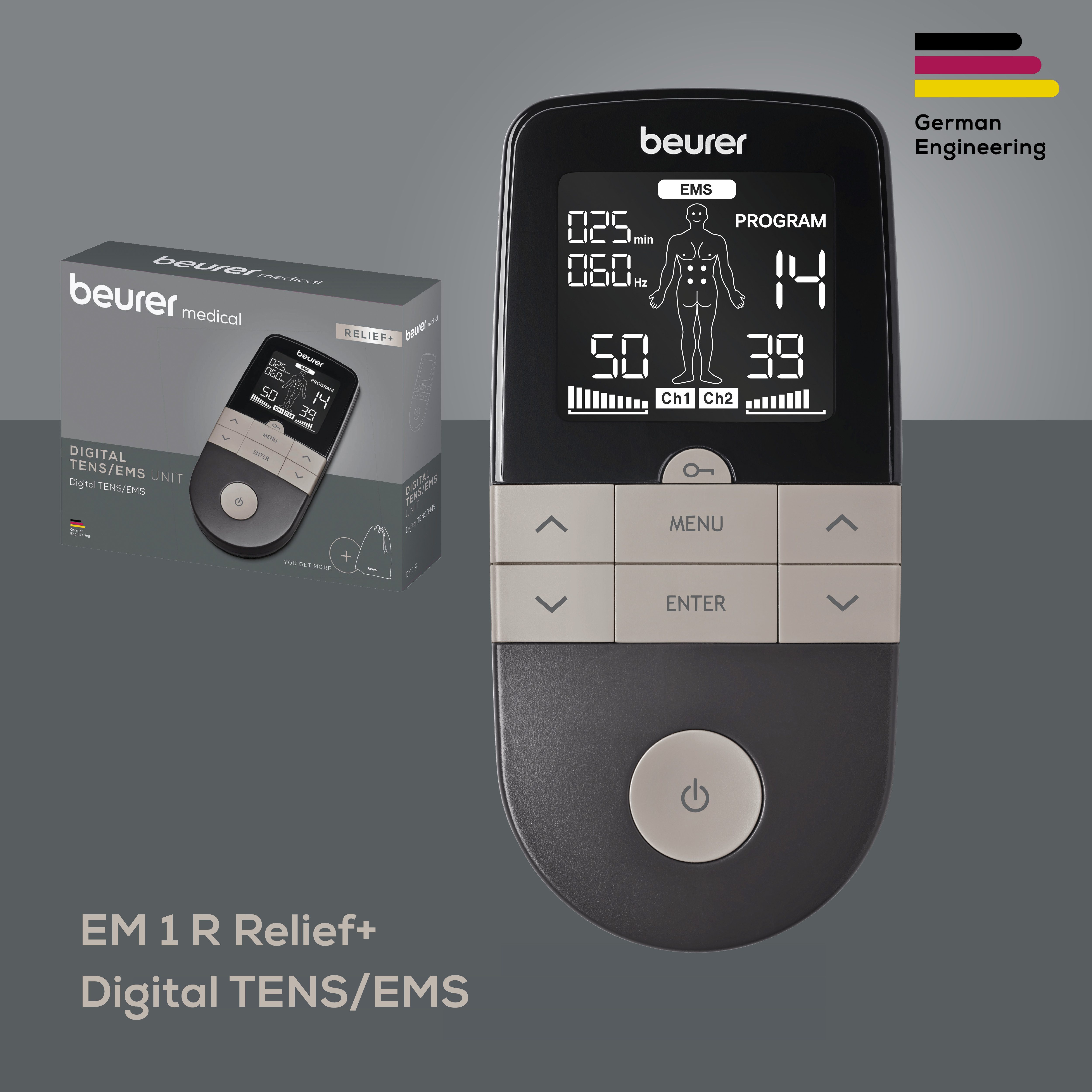 BEURER TENS-EMS-Gerät Digital EM 1 R Relief+, 3-in-1 Reizstromgerät, zur Schmerztherapie, Muskelstimulation und Entspannung