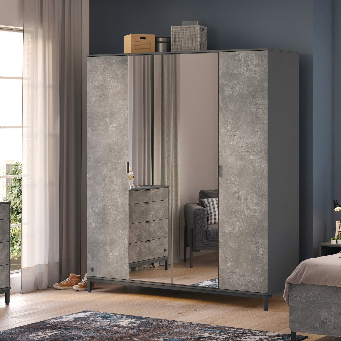 Möbel-Zeit Kleiderschrank SPACE, 4-trg. mit Spiegeltüren