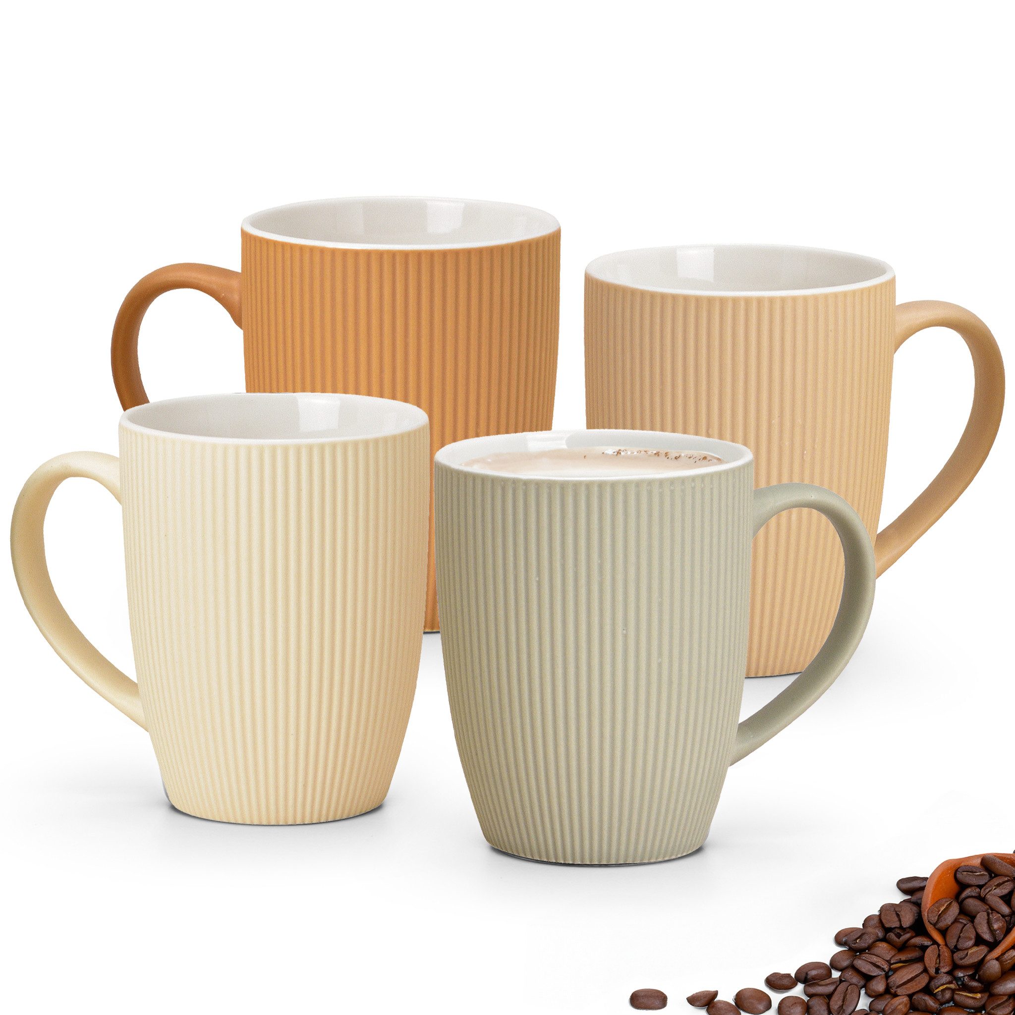 Tasse Kaffeetassen 4er Set einfarbig gerippt Pastellfarben Rillen