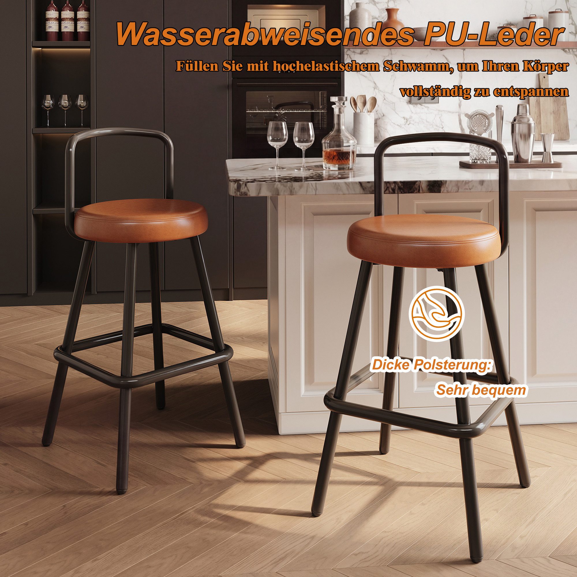 STILVORA Barhocker 2er Set mit ergonomischer Rückenlehne Barstuhl mit Fußstütze für Bar (Barstühle mit wasserabweisendem PU-Leder, Stabile Eisenbeine für sicheren Stand), Perfekt für Haushalte mit Kindern oder Haustieren