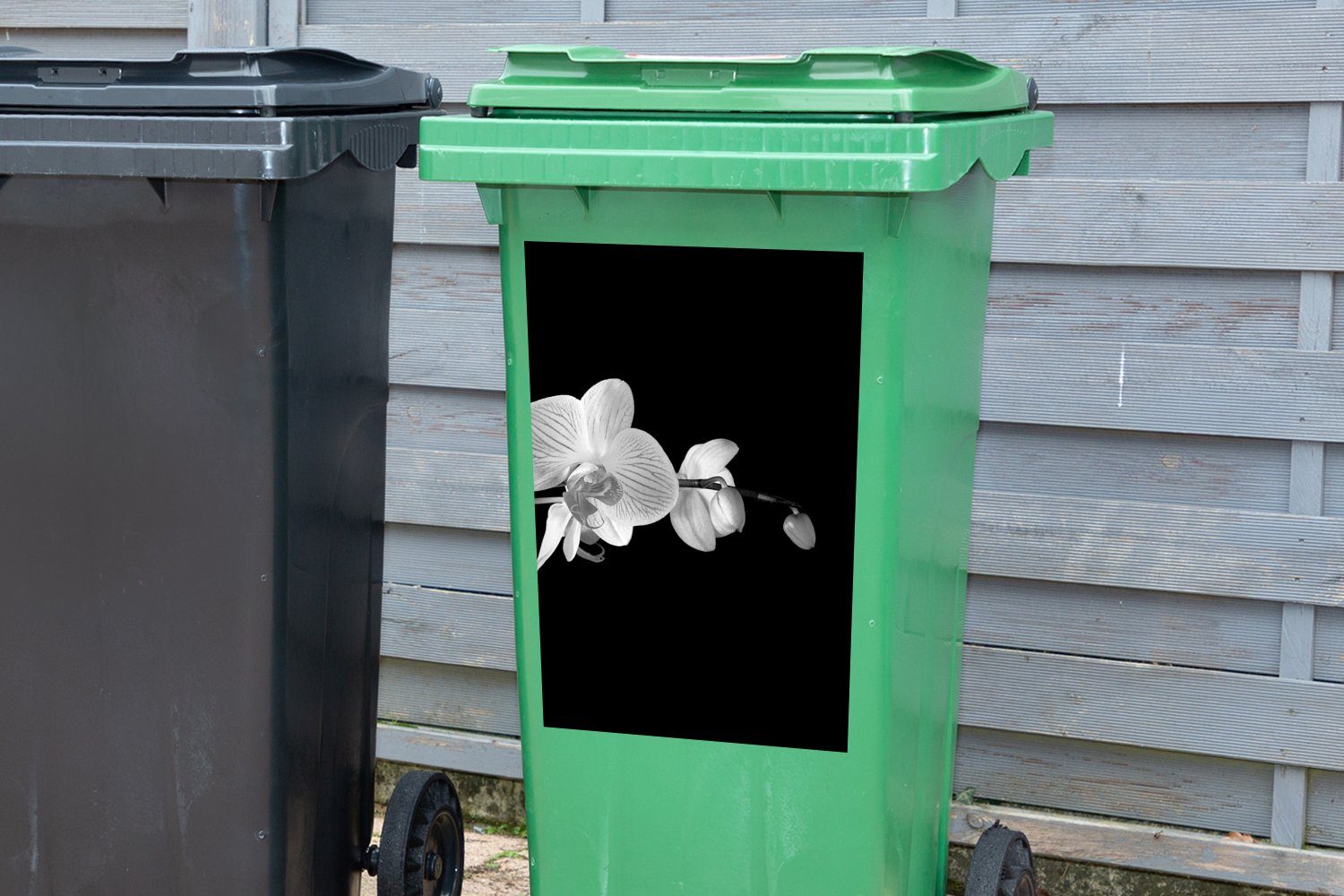 Rosa - Container, Knöpfe Schwarz Sticker, St), (1 - MuchoWow - Wandsticker Abfalbehälter Mülleimer-aufkleber, - Blumen Mülltonne, Orchidee
