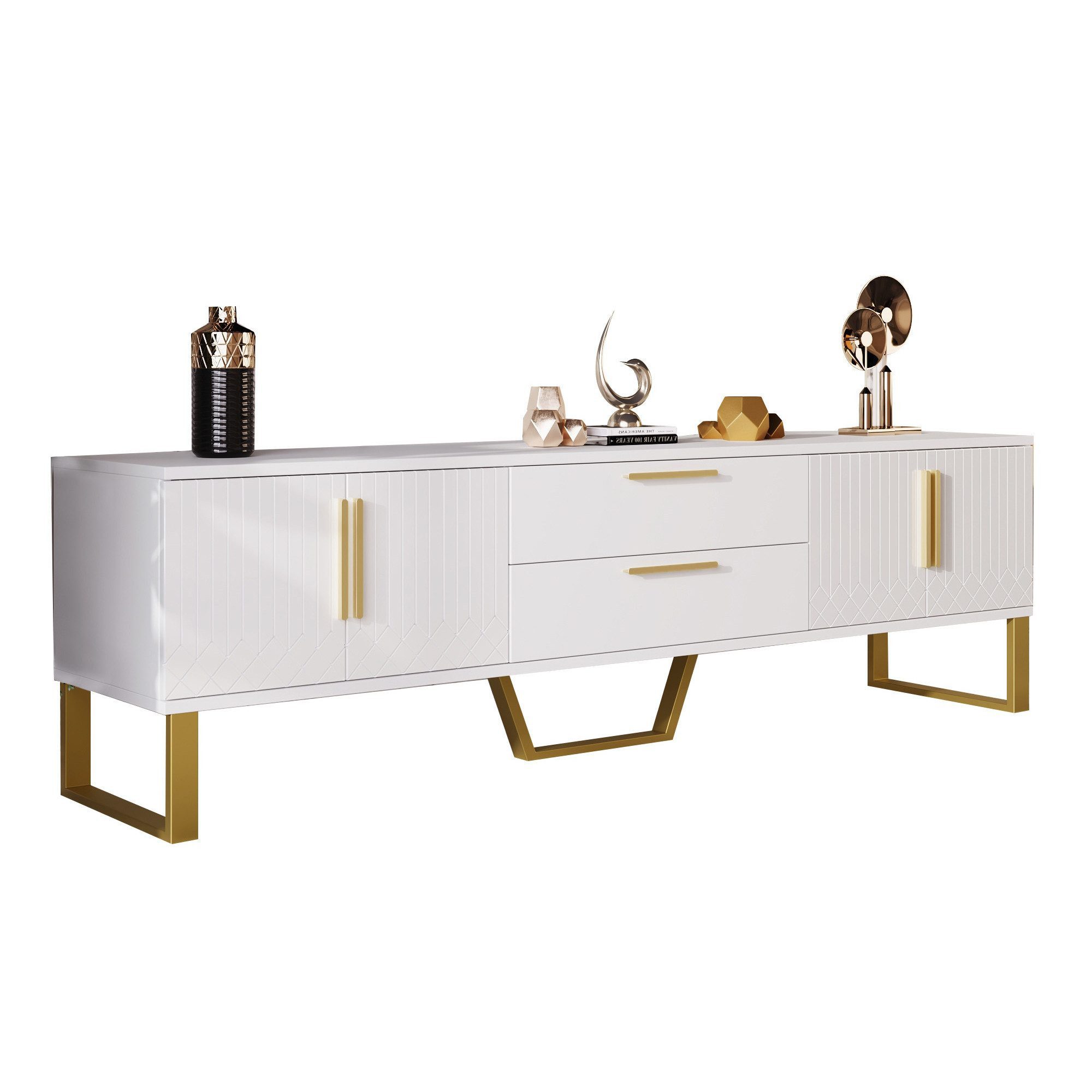 Merax Lowboard mit 2 Schubladen und 4 Türen, TV-Schrank hochglanz mit golde günstig online kaufen