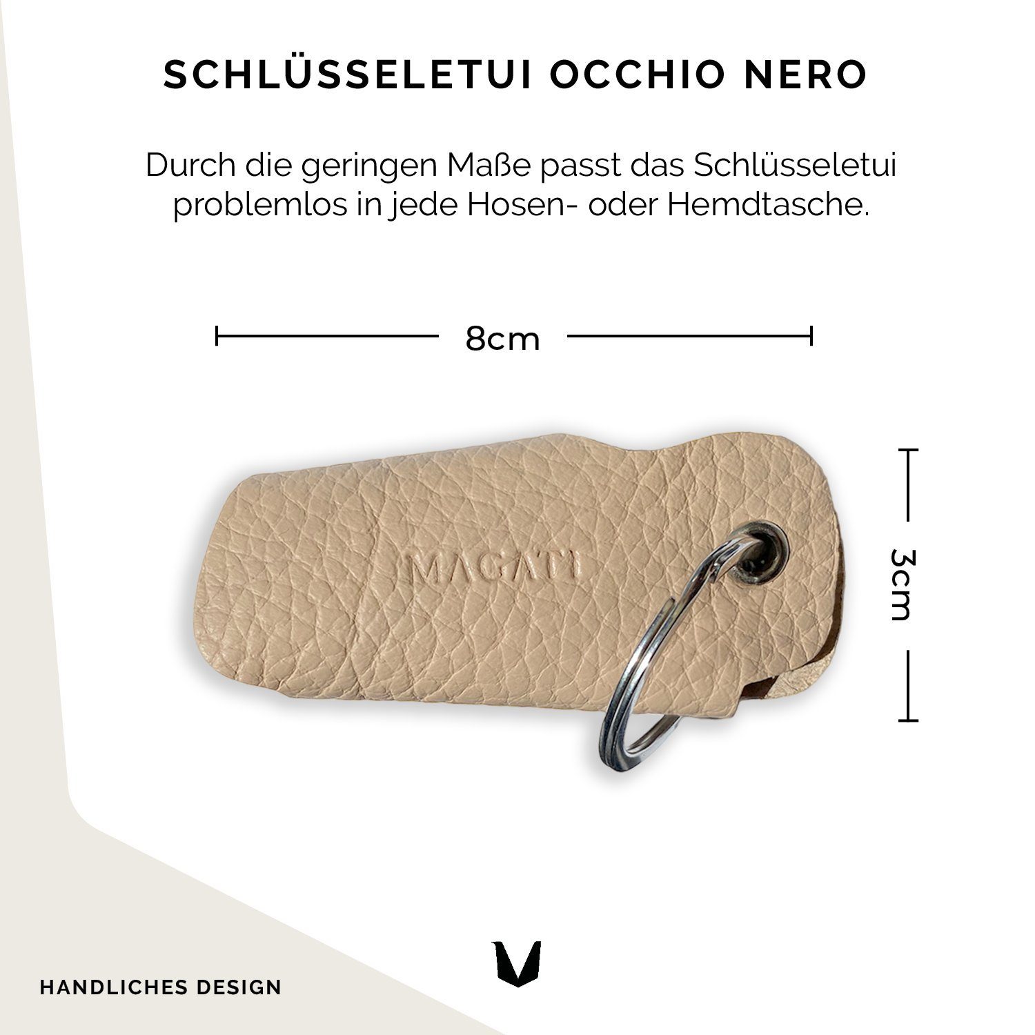 MAGATI Schlüsseltasche Occhio Leder Beige Einkaufswagenlöser, Nero mit 1-6 aus Schlüsselanhänger Schlüssel, Platz für