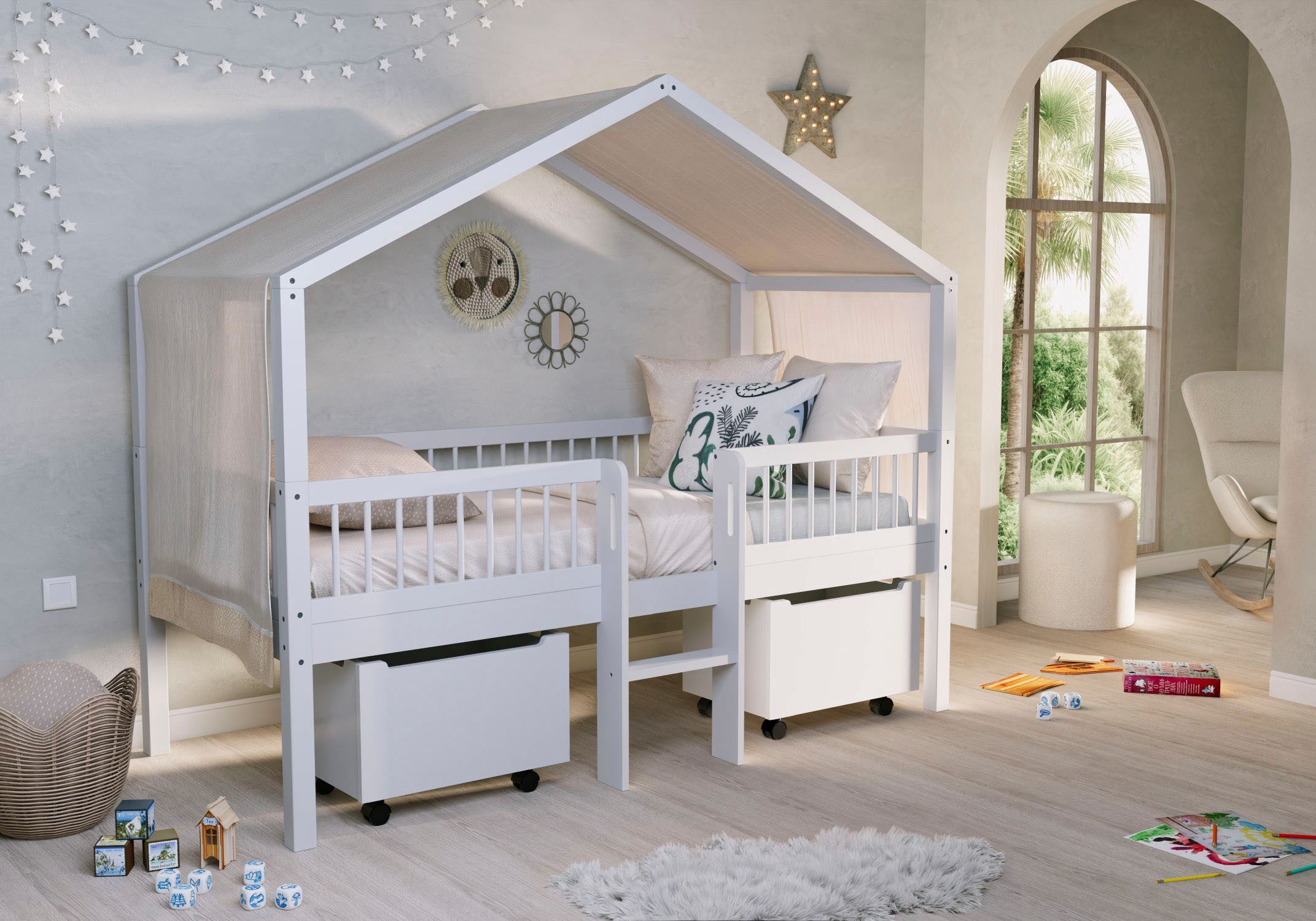 Vipack Hausbett Inkl. Dachaufbau, Leiter und Rolllattenrost, Made in Europe (wahlweise mit und ohne dekorativem Textilhimmel erhältlich), hochwertig und stabil bebaut, Buche massiv weiß lackiert