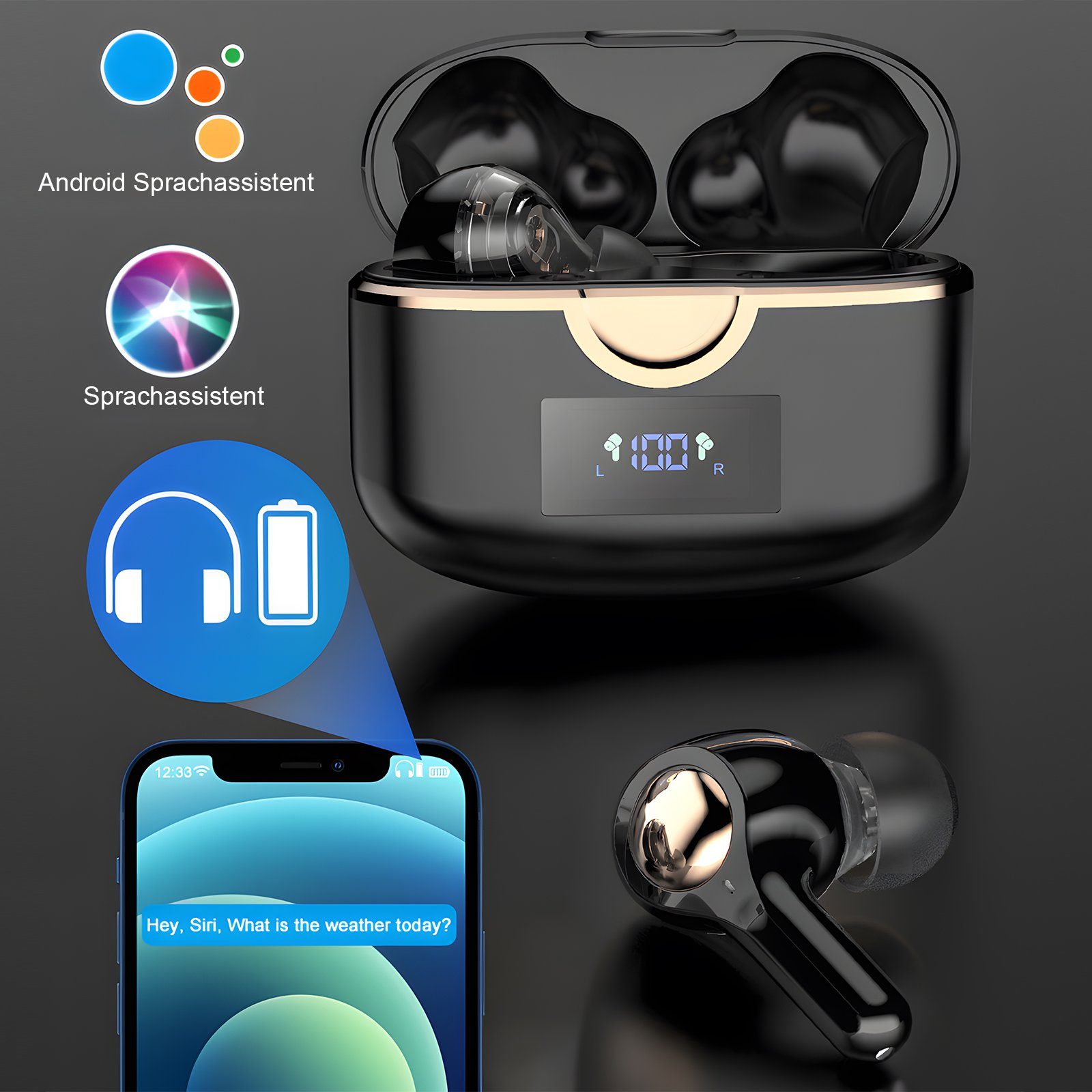 (Sprachassistent, Kabellos 5.2 7 Stunden Ladefach Bluetooth Bluetooth Schwarz Standby-Zeit, Musikspielzeit) HIFI-Stereo, LED-Anzeige, Rauschunterdrückungsfunktion, ANC Headset mit In-Ear-Kopfhörer Gerauschreduzierungsfunktion IPX5, 30-Stunden Kopfhörer EXTSUD