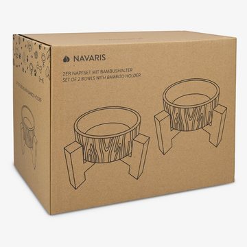 Navaris Tier-Beschäftigungsspielzeug 2x Futternapf mit Bambus Halter - 2er Set Keramiknapf für Katzen/Hunde, Bambus/Keramik