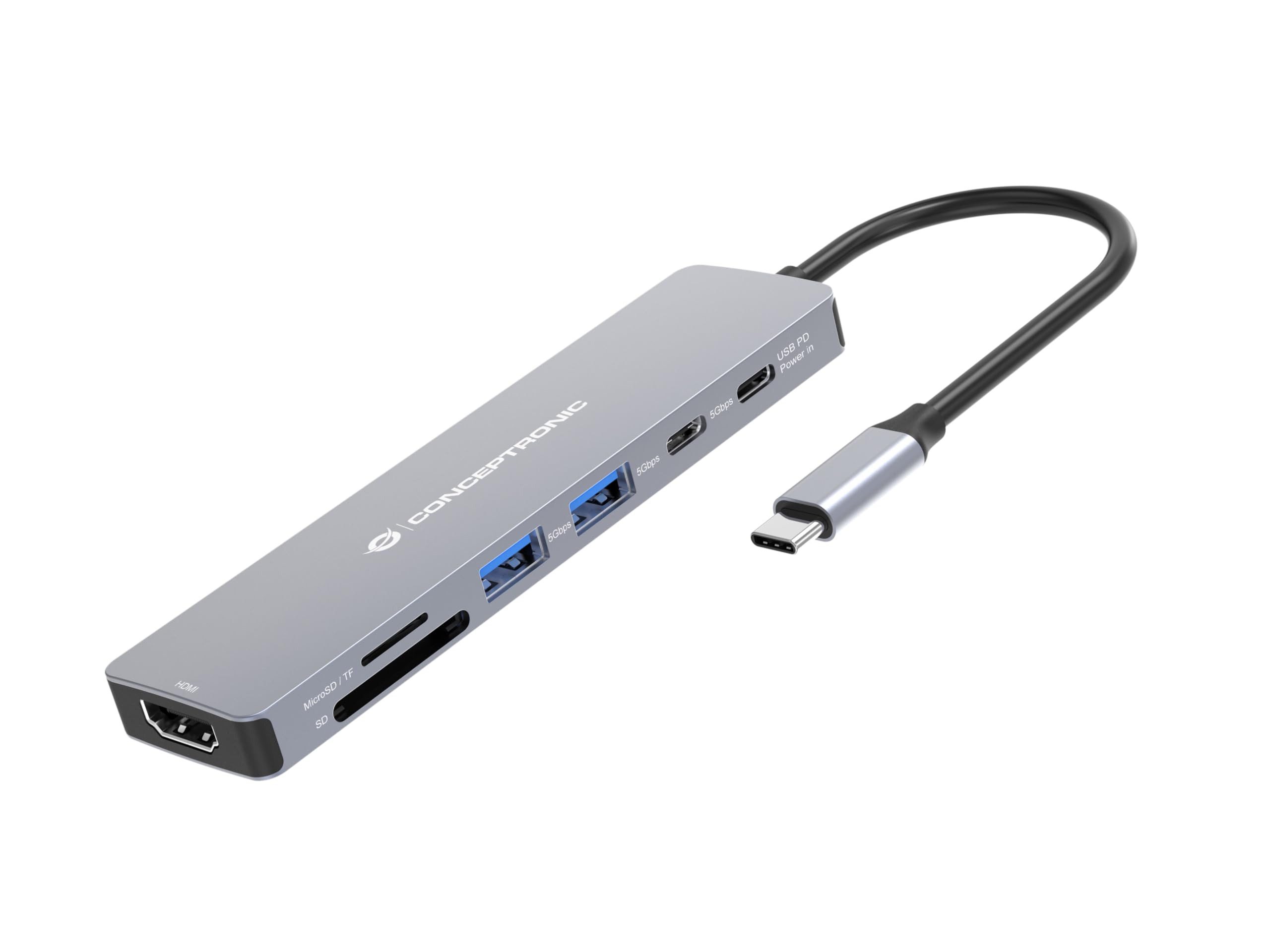 Conceptronic Laptop-Dockingstation DONN28G, 7-in-1 USB-C Dockingstation mit 4K HDMI, USB 3.2 Gen 1, SD & MicroSD