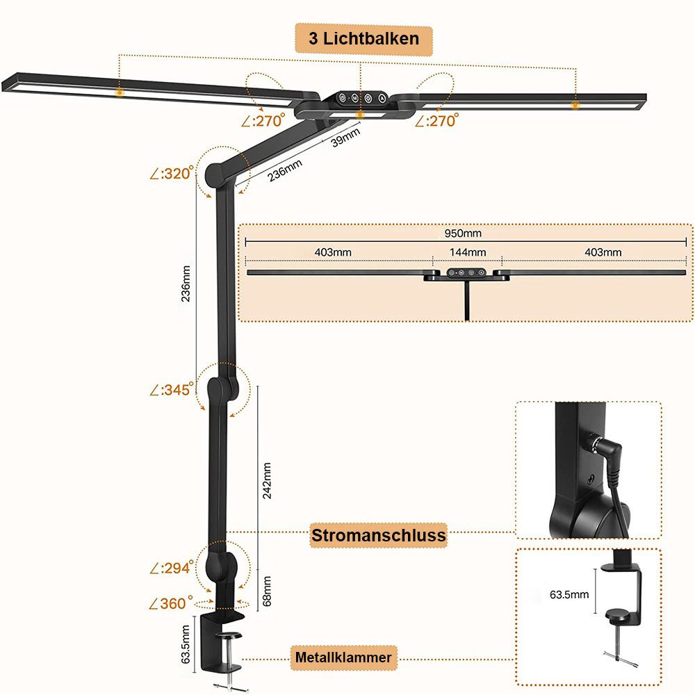 Jibenhome LED Schreibtischlampe LED Tischlampe Architektenlampe Doppelkopf Dimmbar,mit Klemme, Schwenkarm Schreibtischlampen,5 Farbtemperaturen,Ultra Bright