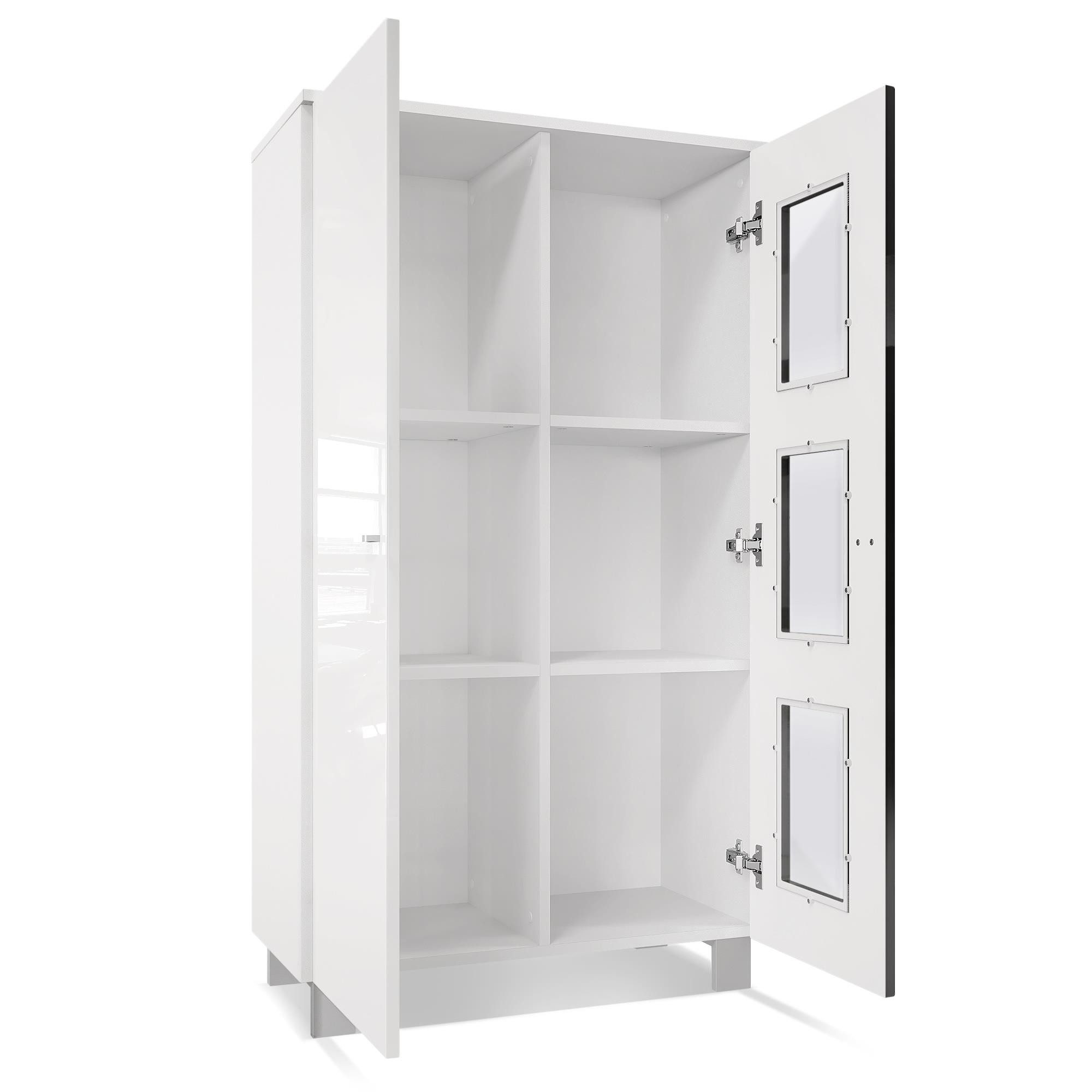 Vladon Standvitrine Denjo (Standvitrine, mit 2 Türen und 3 Glaseinsätzen) Weiß matt/ Weiß Hochglanz/ Grau Hochglanz (71 x 129 x 35 cm)