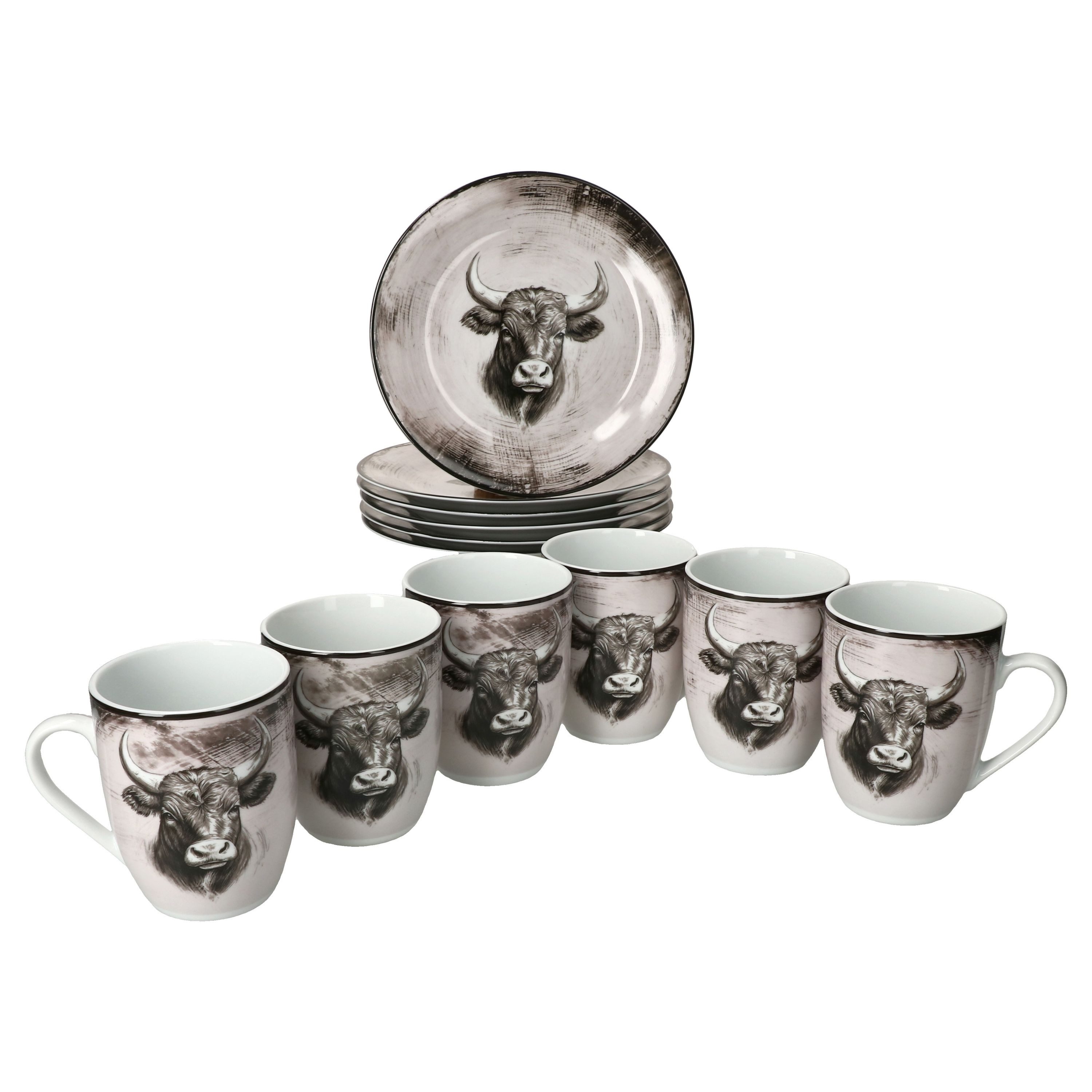 MamboCat Frühstücks-Geschirrset Toro 12tlg Frühstücksset Porzellan Landhaus Kuhmotiv 6 Becher Teller, Porzellan