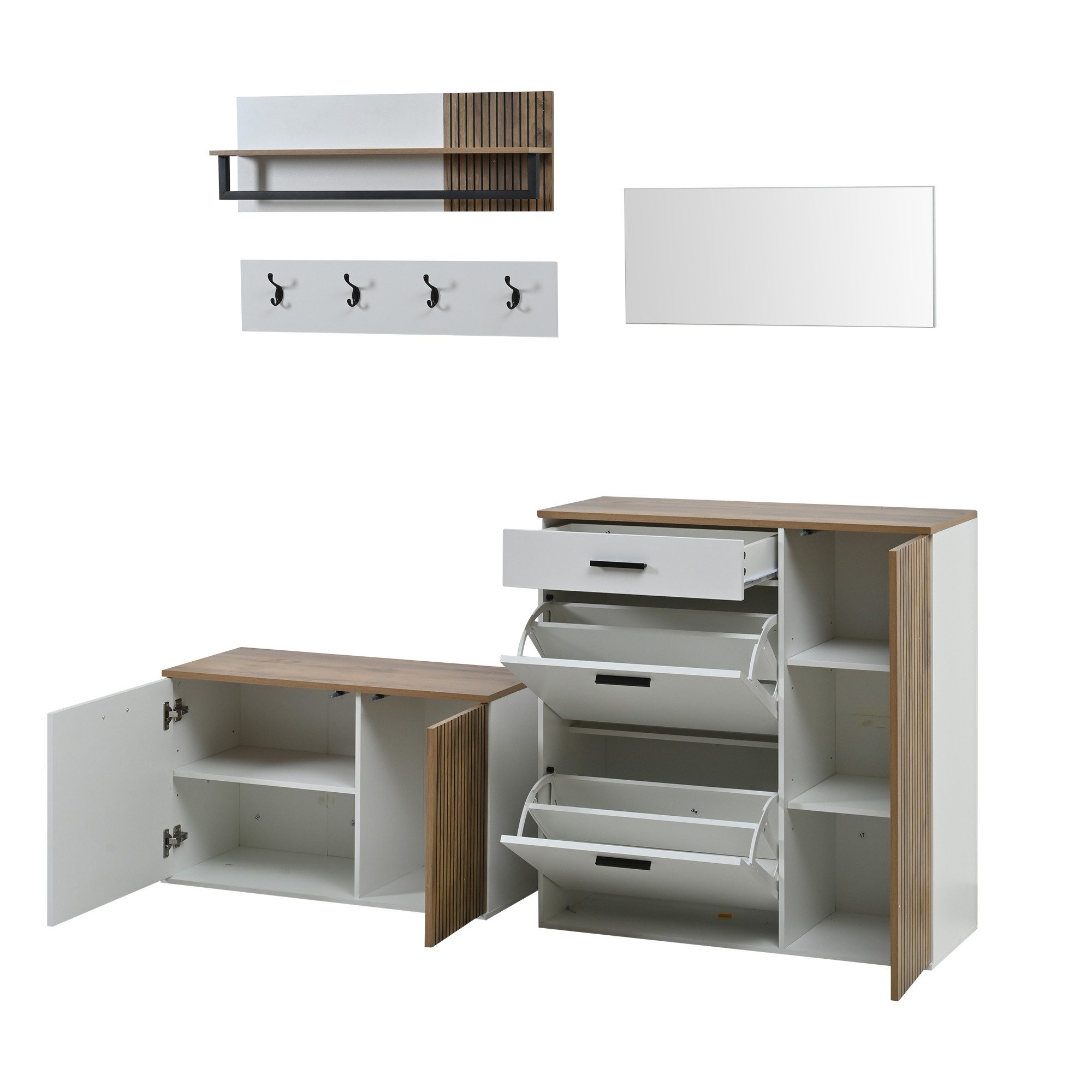 FANNOU Garderoben-Set Garderobenkombination, 5-St., Garderobenfront mit Haken, (5-St), Schuhschrank mit Schubladen & Türen, für Flur, Eingangsbereiche