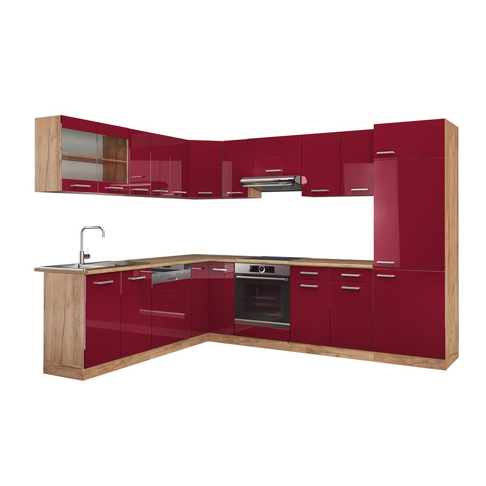 Vicco Winkelküche R-Line, Bordeaux Hochglanz/Goldkraft Eiche, günstig online kaufen