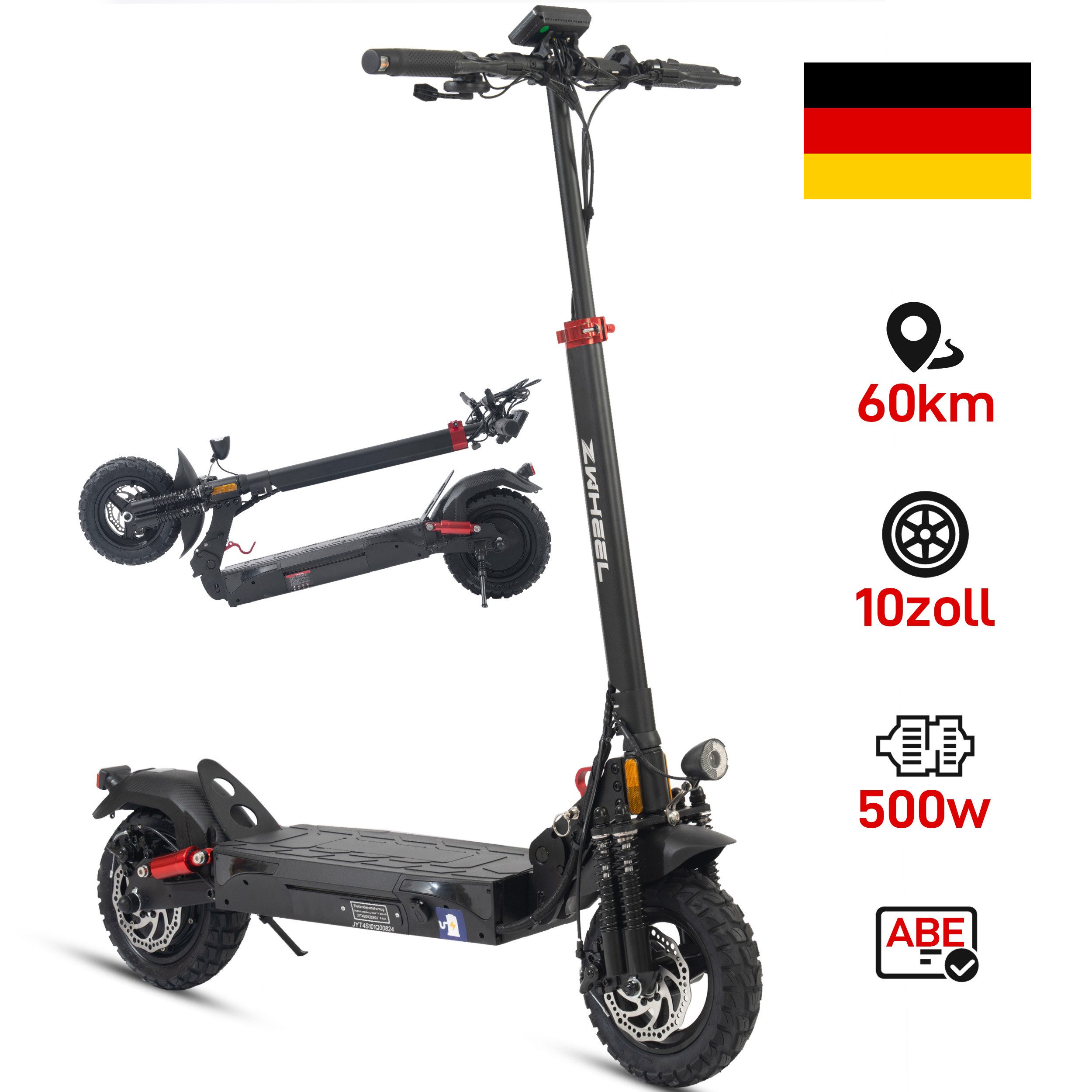E-Scooter mit Straßenzulassung 10'' klappbarer E-roller, 60 km, Vollfederung
