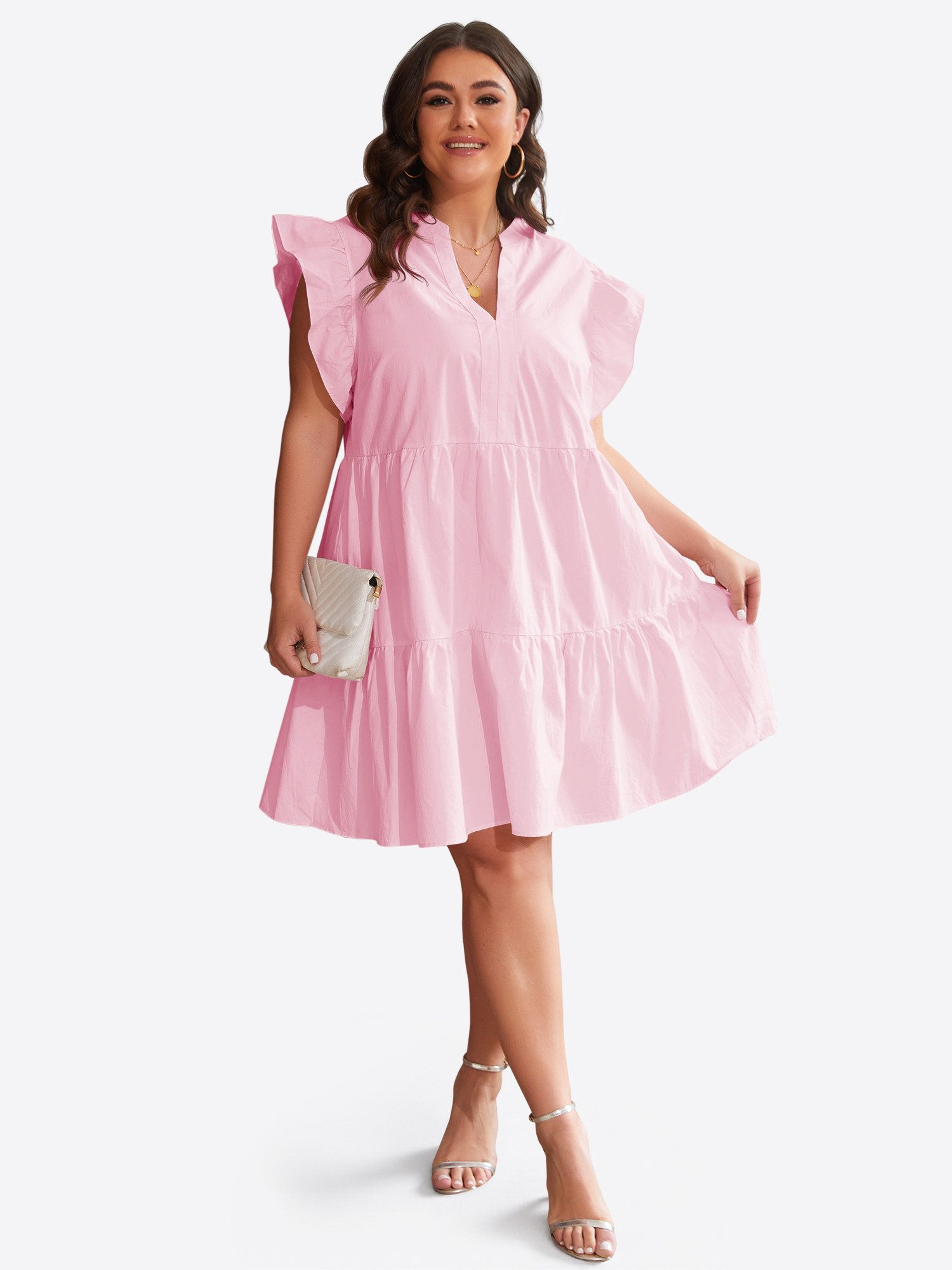 Imily Bela Minikleid Damen Oversize Kurzarm V-Ausschnitt mit Rüschenärmeln A-Linie Sommer (Packung, 1-tlg., 1per-Pack) mit gerüschtem Rock aus Baumwolle in Unifarbe