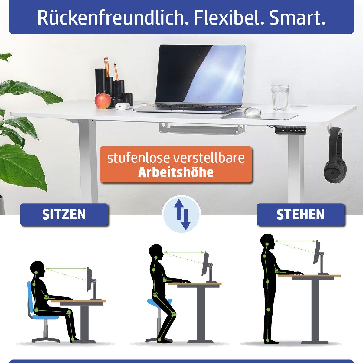 AMBINESS Schreibtisch Höhenverstellbar FlexxPro, 6 Varianten, Durchgehende Arbeitsplatte (Höhenverstellung von 72-119 cm, Inkl. LED-Bedienfeld & Kabeldurchführung), elektrisch stufenlos & ergonomisch