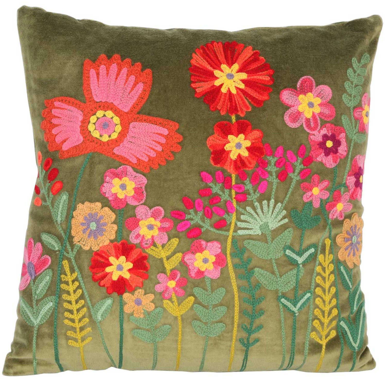 Casa Moro Dekokissen Boho Chic Kissen Livia 40x40 mit Füllung & Blumen bestickt, Kissenhülle mit Füllung, Dekokissen mit Stickerei Grün