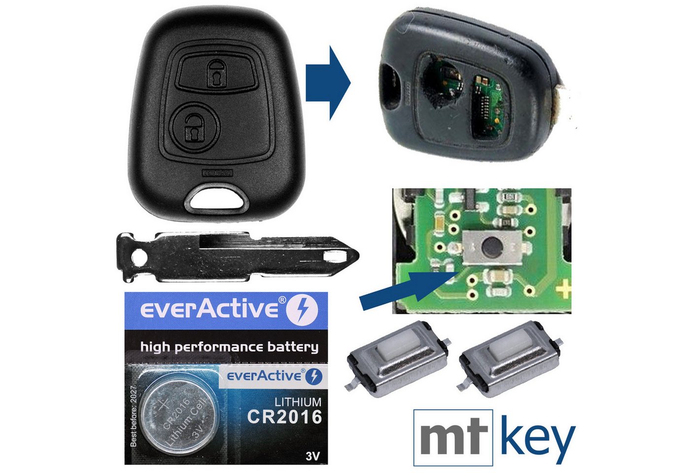 mt-key Auto Schlüssel + 1x Rohling NE73 + 2X Mikrotaster + passende CR2016 Knopfzelle, CR2016 (3 V), für Peugeot 206 SW CC 1998-2009 Funk Fernbedienung
