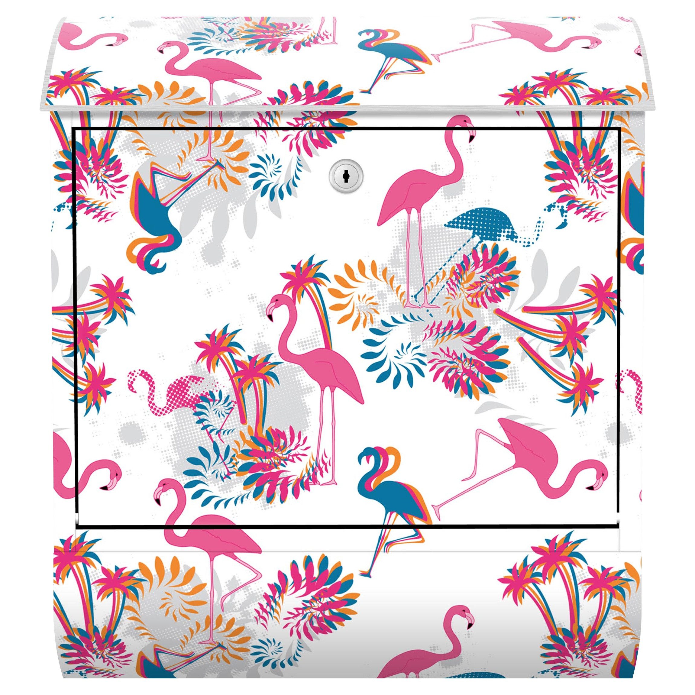 Bilderdepot24 Briefkasten Wandbriefkasten mit Zeitungsfach Motiv Flamingo Muster (inkl. Zeitungsrolle und 3 Schlüssel), Motivdruck, wetterfest, UV-beständig, abschließbar, 46x39x13 cm