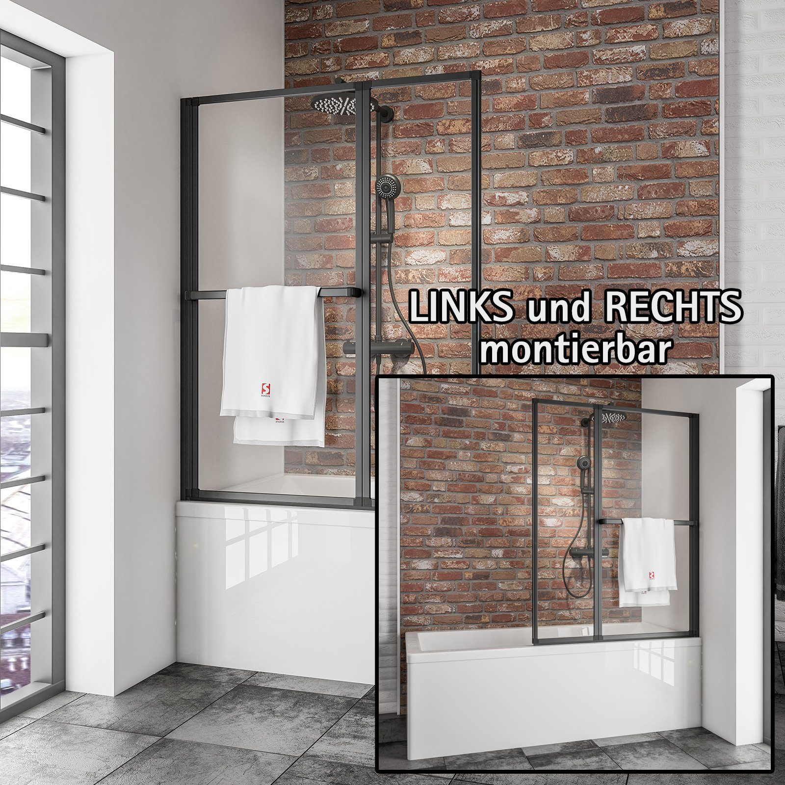 Schulte Badewannenfaltwand Black Style 110 x 140 cm, Sicherheitsglas, (2 tlg), Klar Schwarz