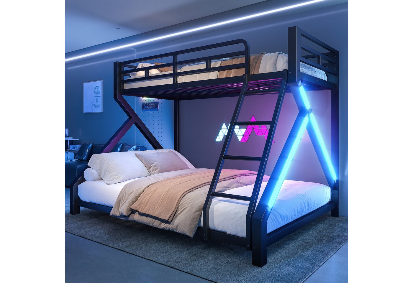 Merax Etagenbett 90x200cm/140x200cm mit LED-Lichtleiste (Set, 1-St., Jugendbett Doppelbett), Metallbett Stockbett Kinderbett mit Sicherheitsgeländer und Leiter