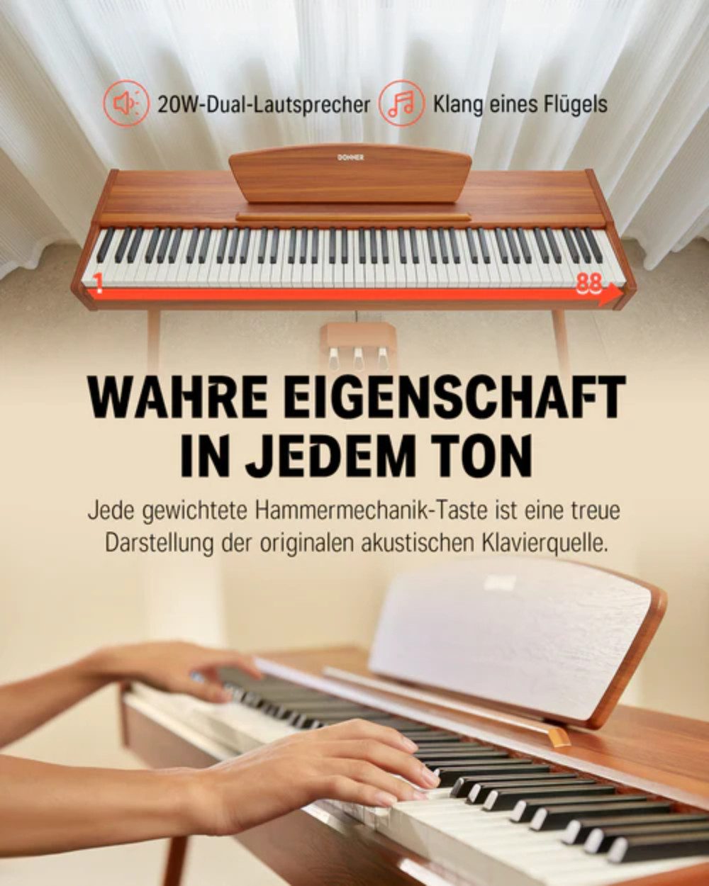 Donner Digitalpiano DDP 80 Upgrade Gewichtete Tasten mit Konzertstrings und Orgelklang (Set, mit Notenständer, Dreifachpedal, Netzteil), für Anfänger,Elektrisches Tastaturklavier zu Hause,128 Polyphonie