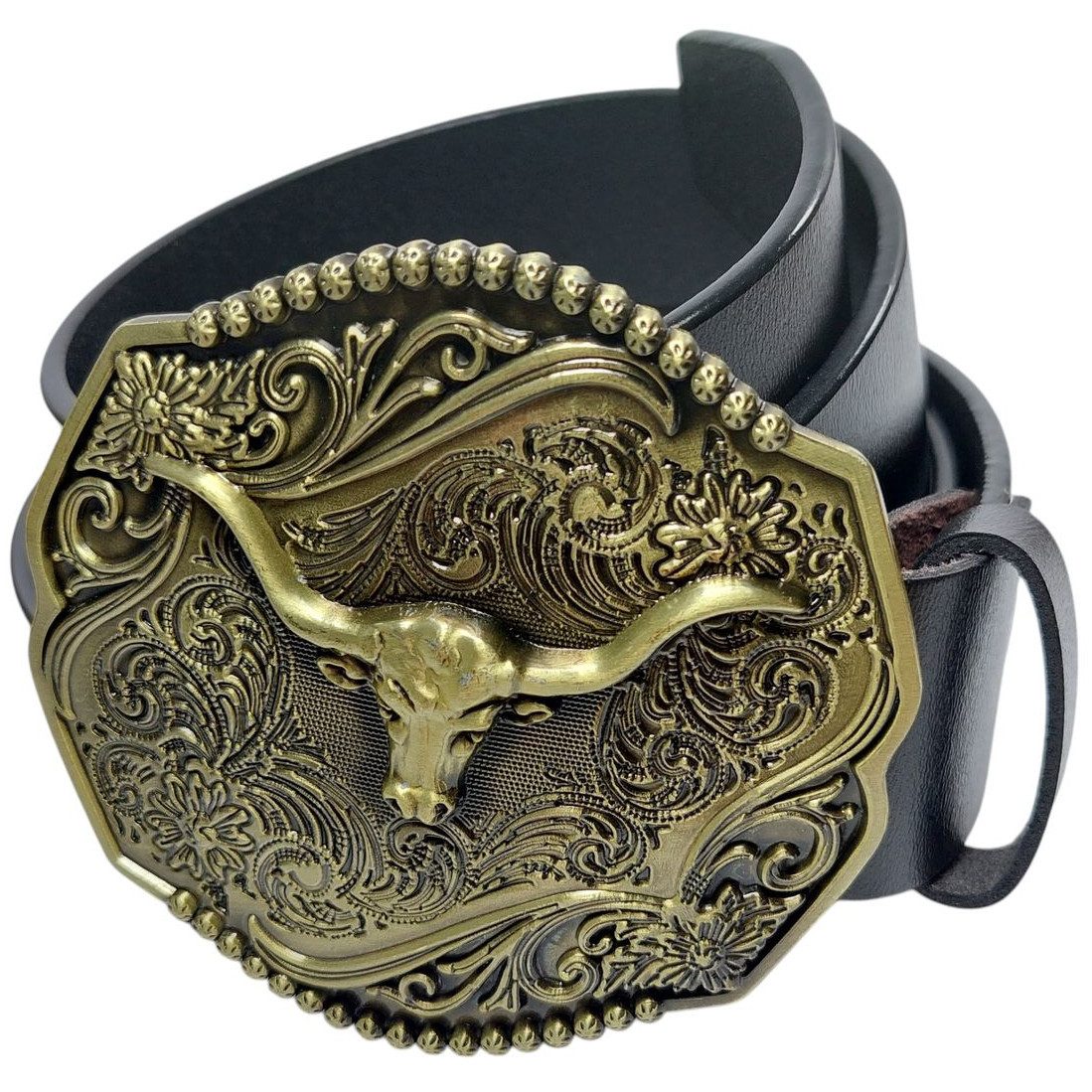 Ledergürtel Wechselgürtel Gürtel mit Wild West Gürtelschnalle Longhorn Buckle