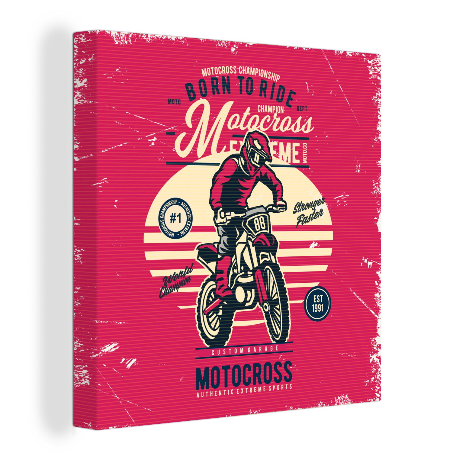 OneMillionCanvasses® Leinwandbild Motocross - Mann - Zeichnung - Retro, (1 St), Leinwand Bilder für Wohnzimmer Schlafzimmer | Leinwandbilder