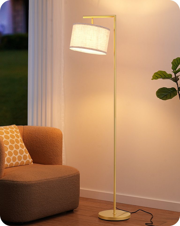 EDISHINE Stehlampe Wohnzimmer 160cm, Lampenschirm verstellbar, LED wechselbar, warmweiß, mit Lampenschirm aus Leinen, Gold