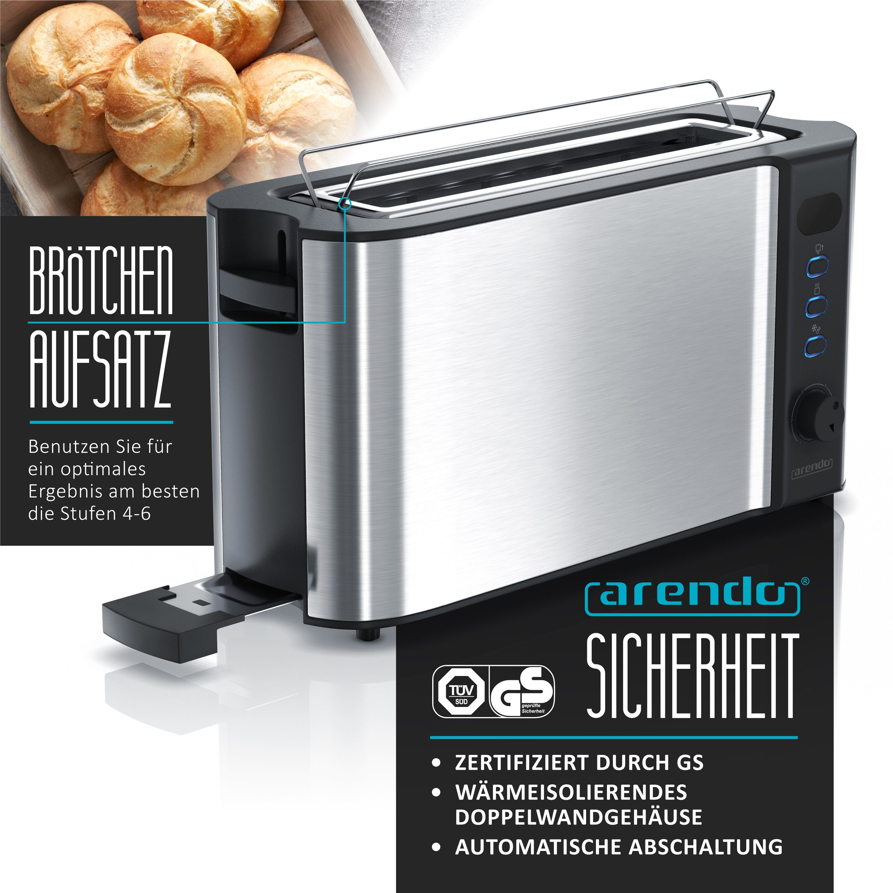 Arendo Toaster Langschlitz, Edelstahl, Display mit Restzeitanzeige, Brötchenaufsatz, 1 langer Schlitz, für 2 Scheiben, 1000 W, Defrost Funktion, Wärmeisolierendes Gehäuse, Krümelschublade