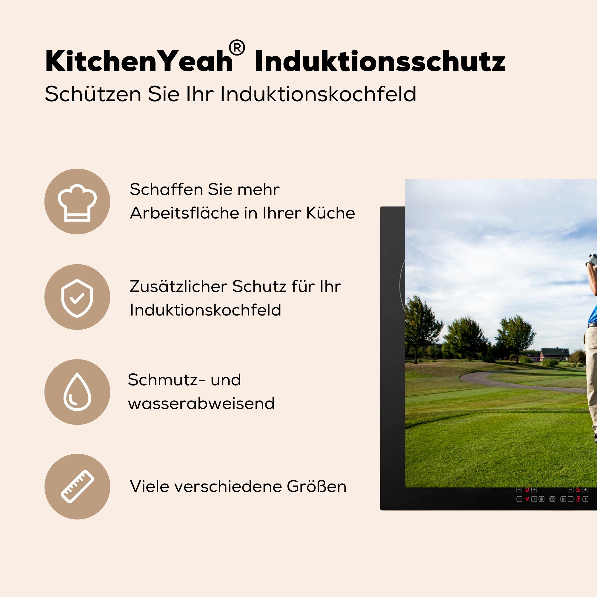 Golfer MuchoWow Ein für (1 Vinyl, Induktionskochfeld die schlägt einem Ball den ab, küche, Ceranfeldabdeckung cm, Schutz tlg), Herdblende-/Abdeckplatte Golfplatz 81x52 auf