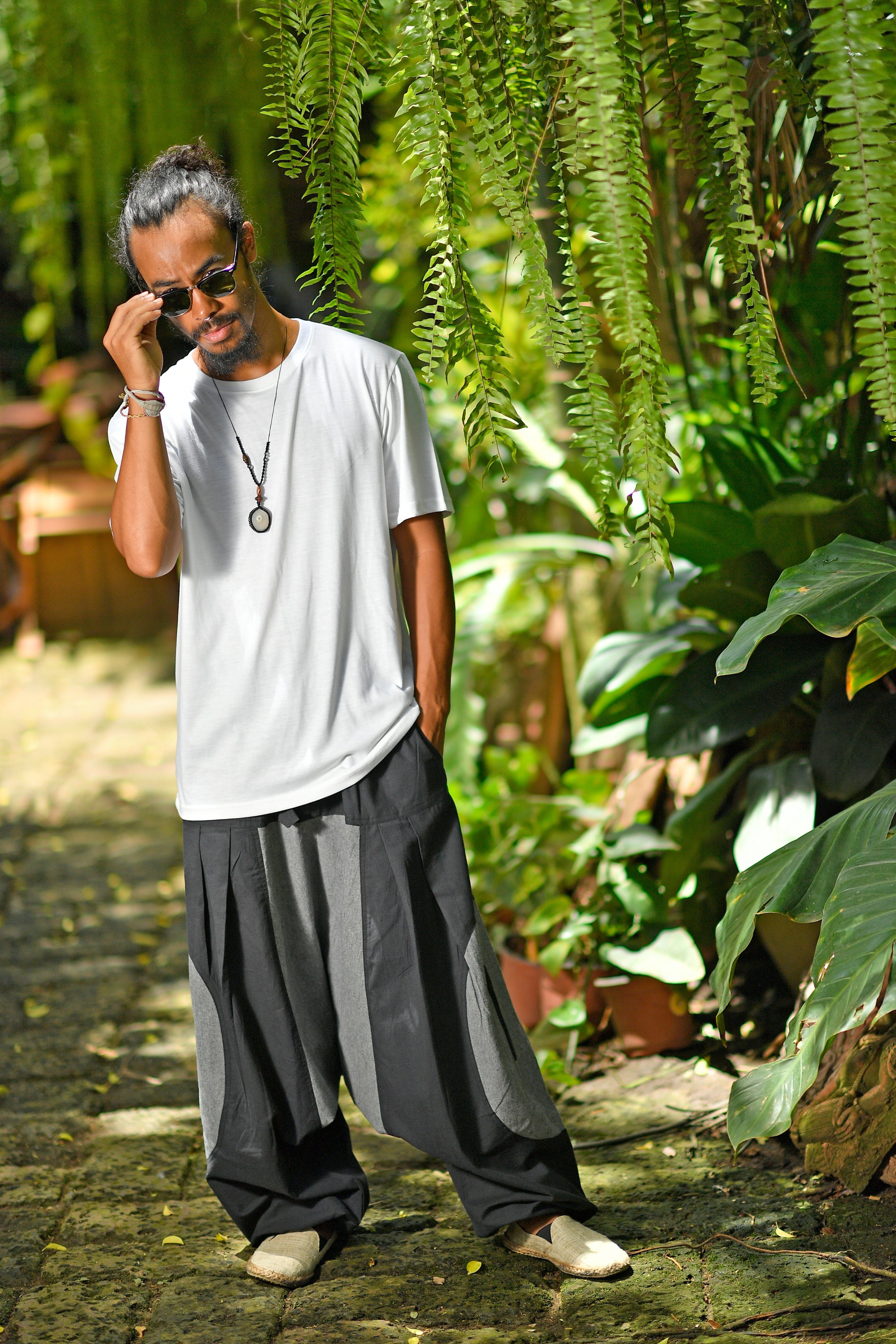 virblatt Haremshose Herren & Haremshose Damen, Baumwolle, Goa Hose Aladinhose Hippie Haremshose, mitteltiefer Schritt, 2 Eingrifftaschen, 2 Taschen mit Reißverschluss