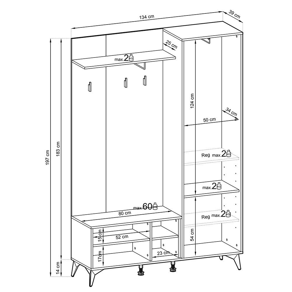 Lomadox Garderoben-Set DALE-160, (Spar-Set, 2-St), Flurmöbel Flurschrank Garderobenbank schwarz mit Eiche 134x197x39 cm – Bild 5 von 5