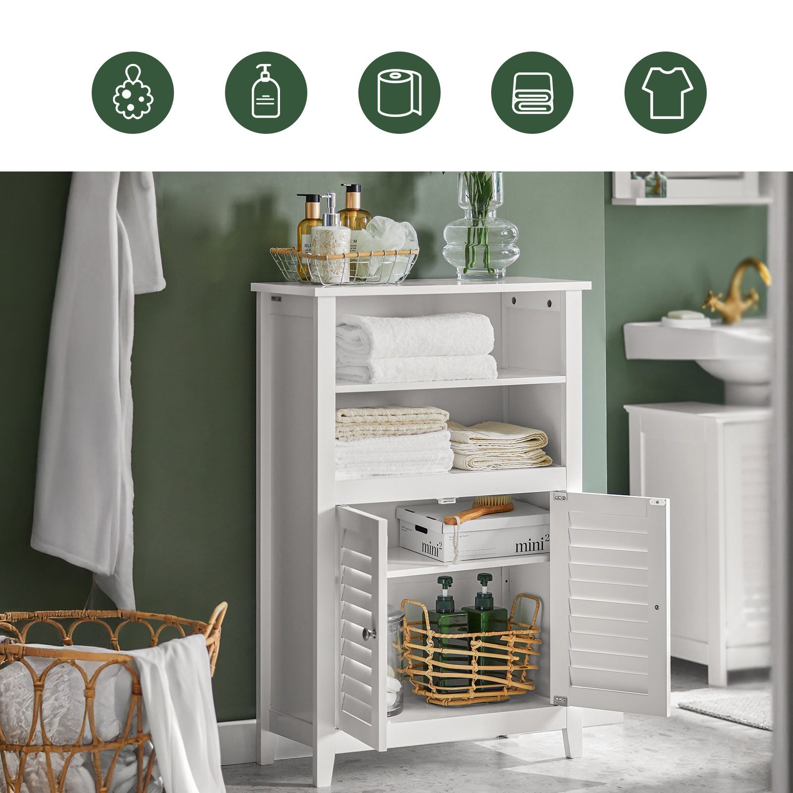 SoBuy Badkommode BZR13, Flurschrank Badezimmerschrank schmal, mit Lamellentür, Badschrank mit Zwei Ablagen und Türen Kommode fürs Bad Sideboard