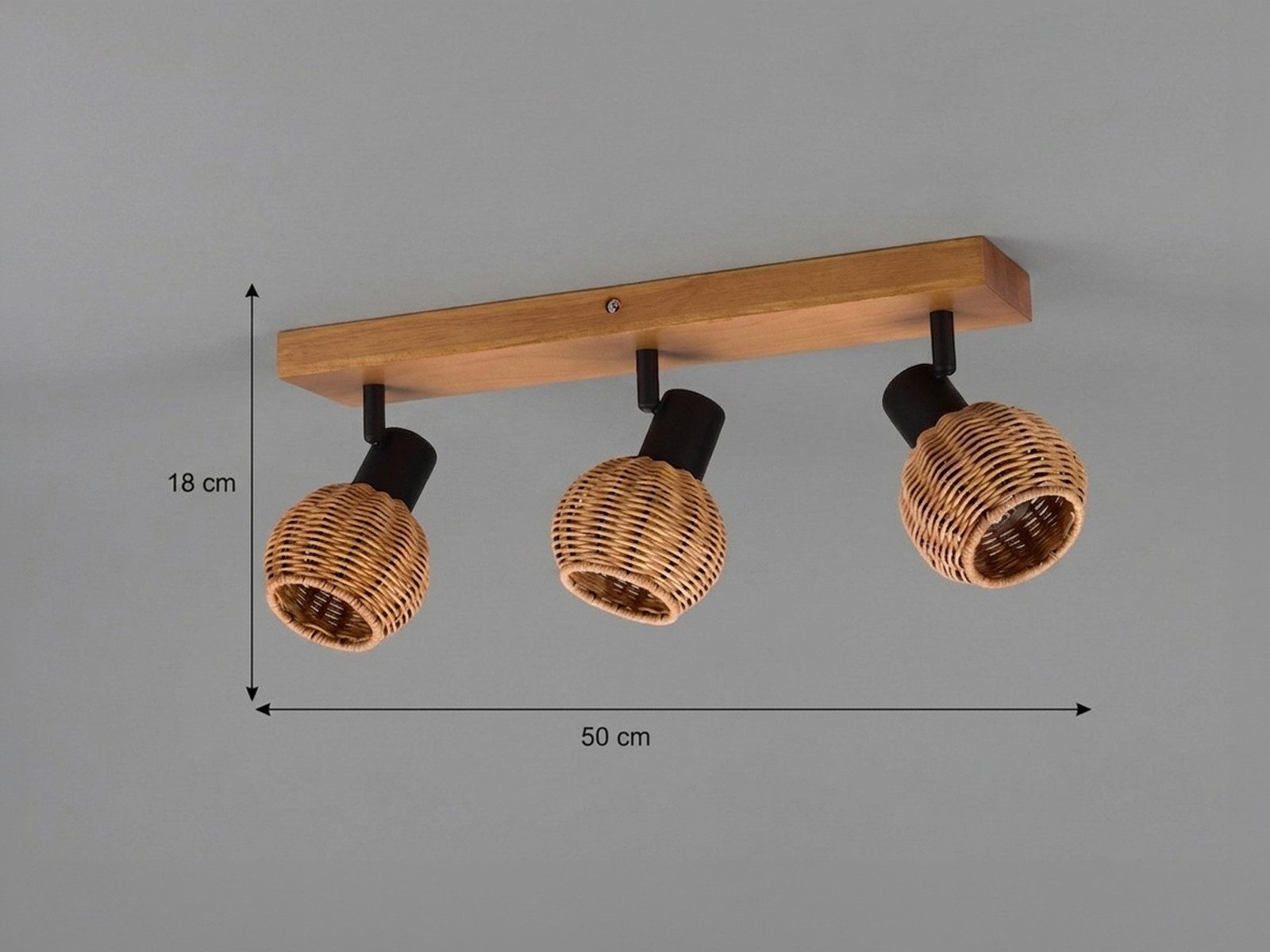 meineWunschleuchte Deckenstrahler Rattan-Lampe mit Holz, Breite 50cm, ohne Leuchtmittel, Innen Deckenleuchte, Korblampe skandinavisch mit 3 Strahler, Holzlampe – Bild 4 von 5
