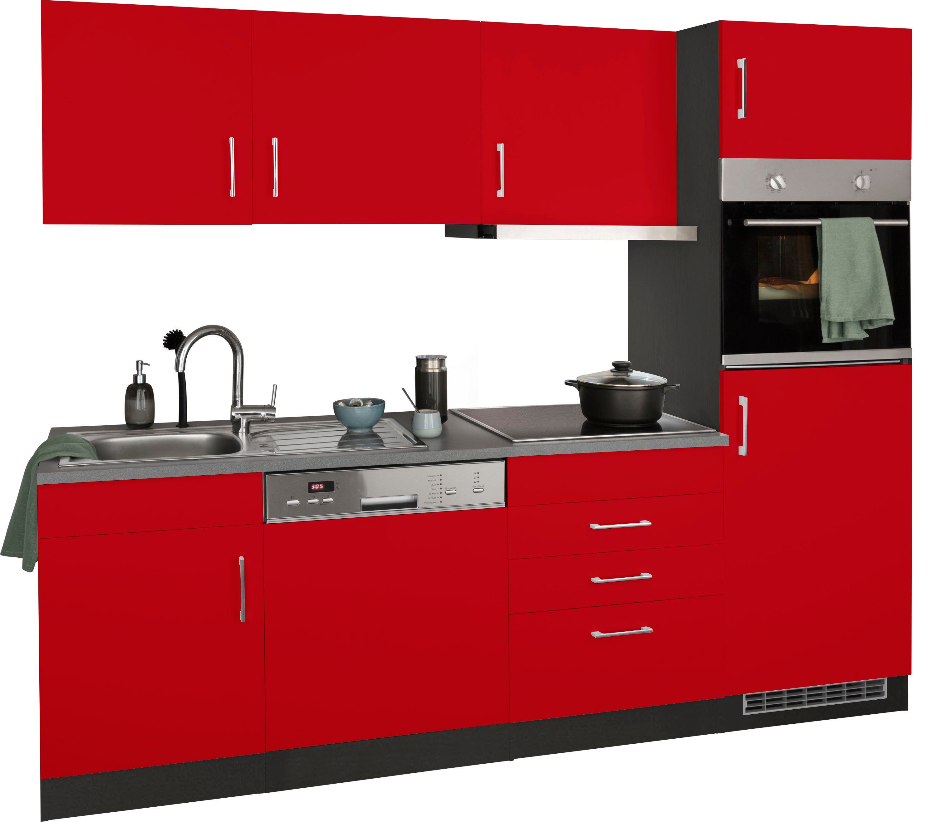 cm, wahlweise Küchenzeile MÖBEL 230 rot/grafit Breite grafit | Induktionskochfeld HELD E-Geräten, Paris, mit mit