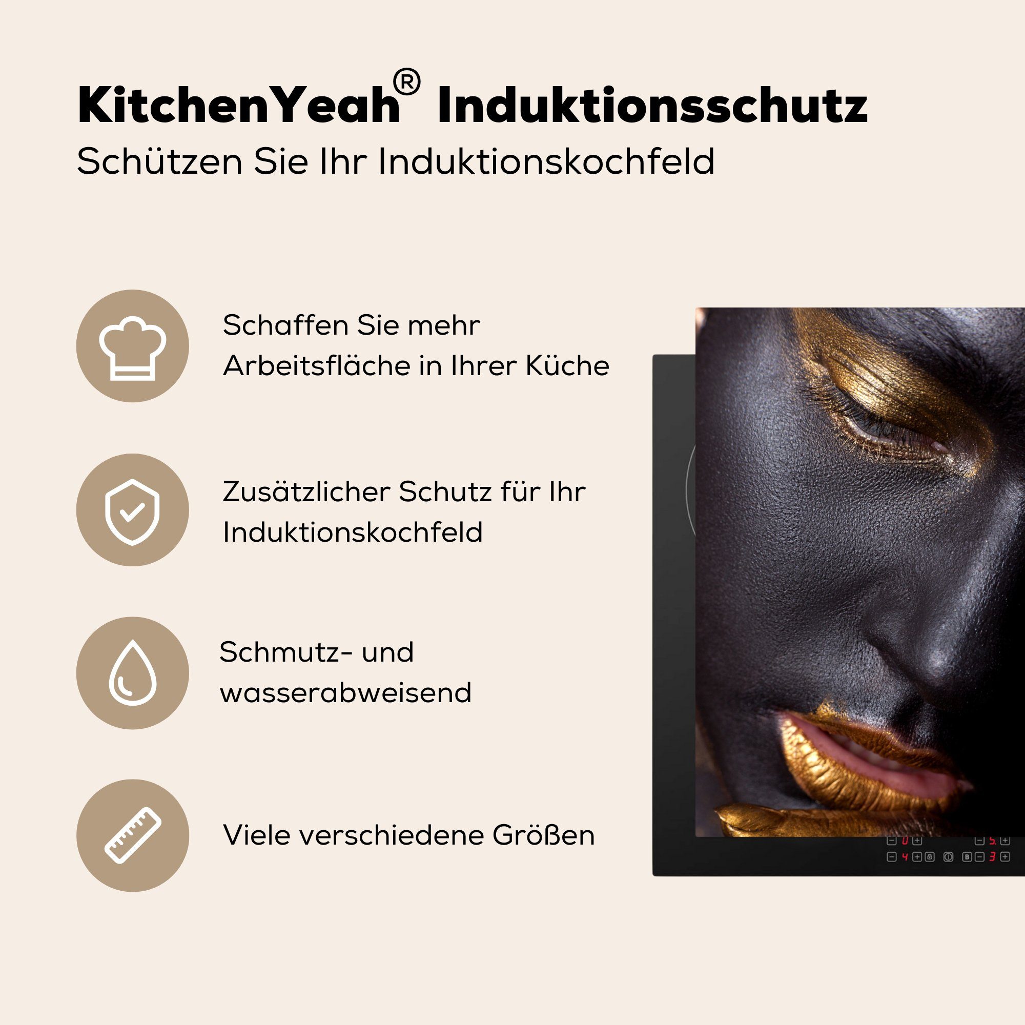 cm, Gold Herdblende-/Abdeckplatte Make küche tlg), - - - Frau 78x78 (1 Vinyl, MuchoWow up, Ceranfeldabdeckung, Schwarz für Arbeitsplatte