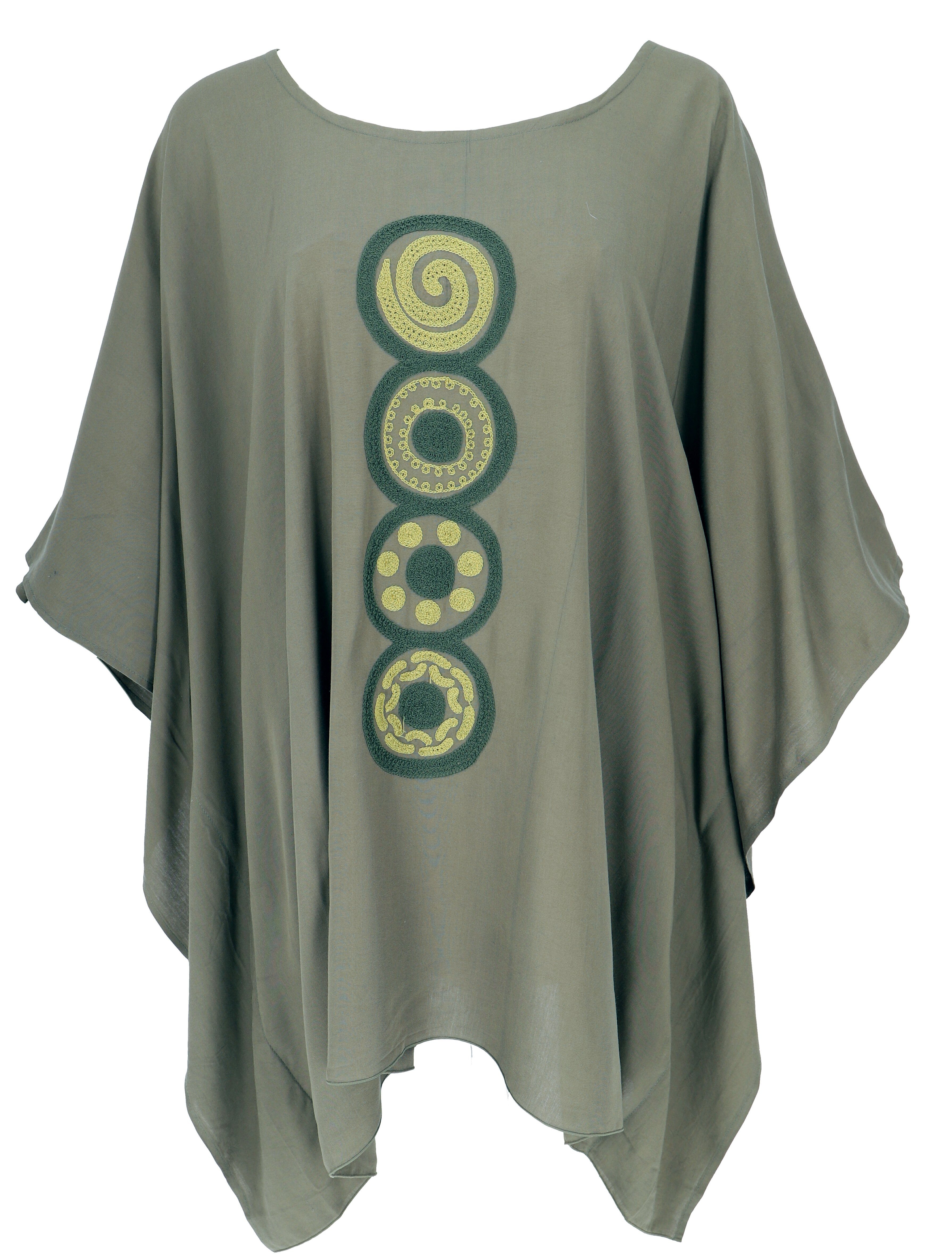 Guru-Shop Longbluse Besticktes Hippie Ponchokleid, Minikleid.. alternative Bekleidung olivgrün