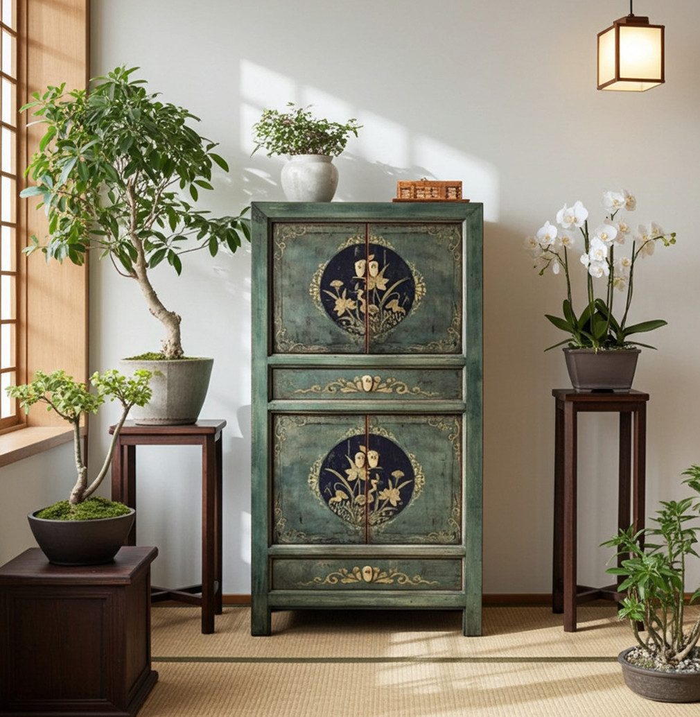 OPIUM OUTLET Kleiderschrank Chinesischer Hochzeitsschrank orientalischer Schrank Vintage Möbel (komplett montiert, asia asiatisch chinesisch orientalisch) Breite 80 cm; Höhe 154 cm; Tiefe 42 cm