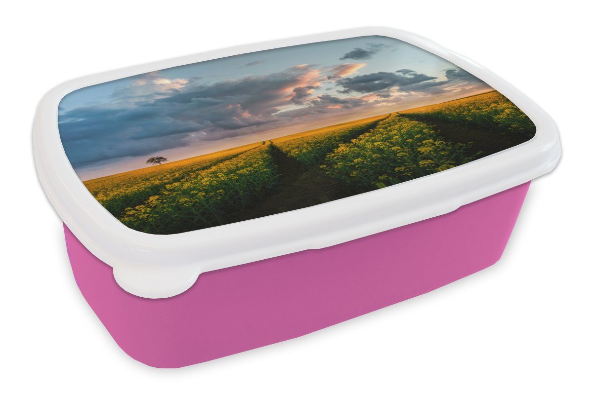 MuchoWow Lunchbox Blumen - Gelb - Sonnenuntergang, Kunststoff, (2-tlg), Brotbox für Erwachsene, Brotdose Kinder, Snackbox, Mädchen, Kunststoff rosa