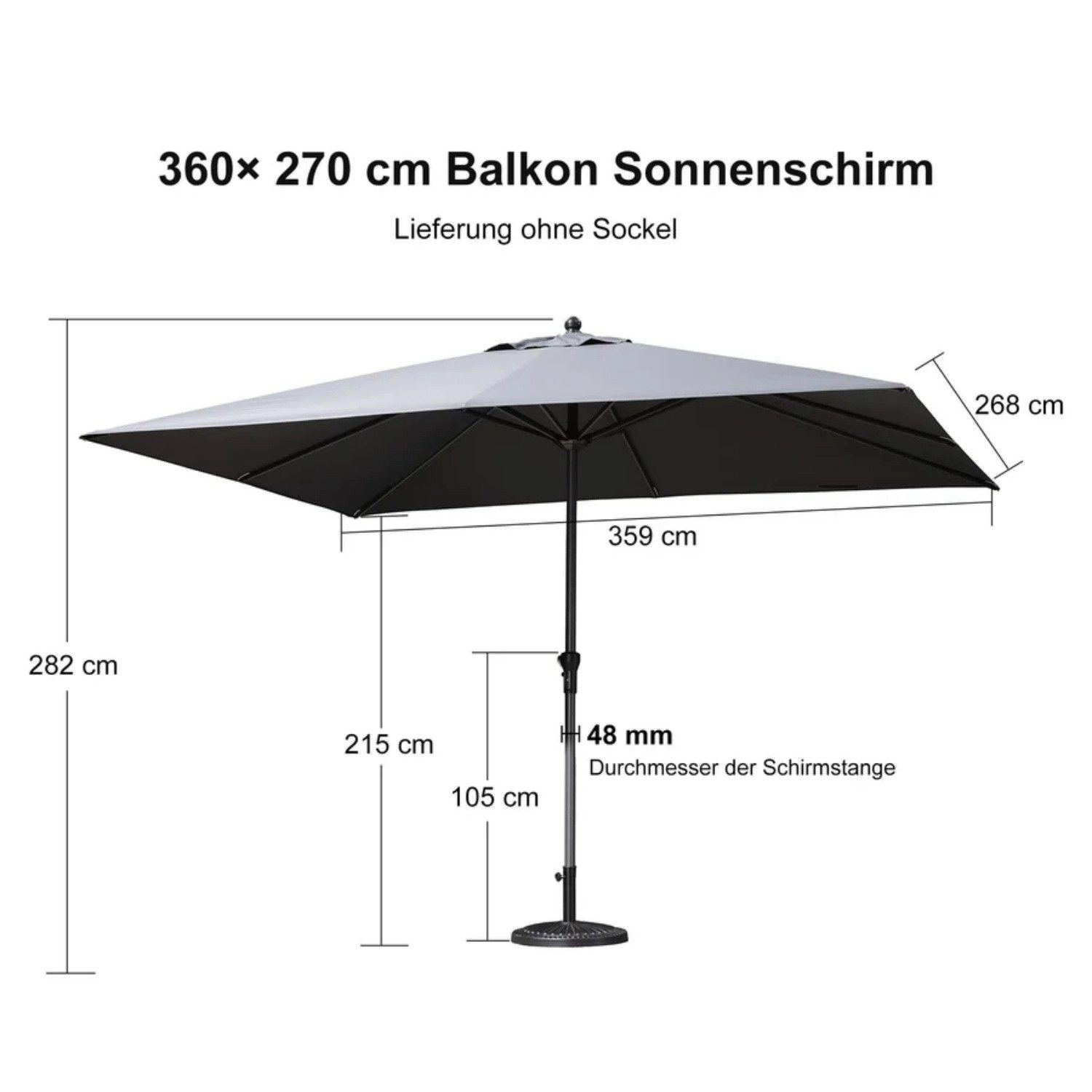 PURPLE LEAF Sonnenschirm Tischsonnenschirm mit Mittelstange, Sonnenschirm für Pool und Esstisch, LxB: 360x270 cm, mit 8 stabilen Schirmstreben, Aluminium, ohne Neigung, Handkurbel