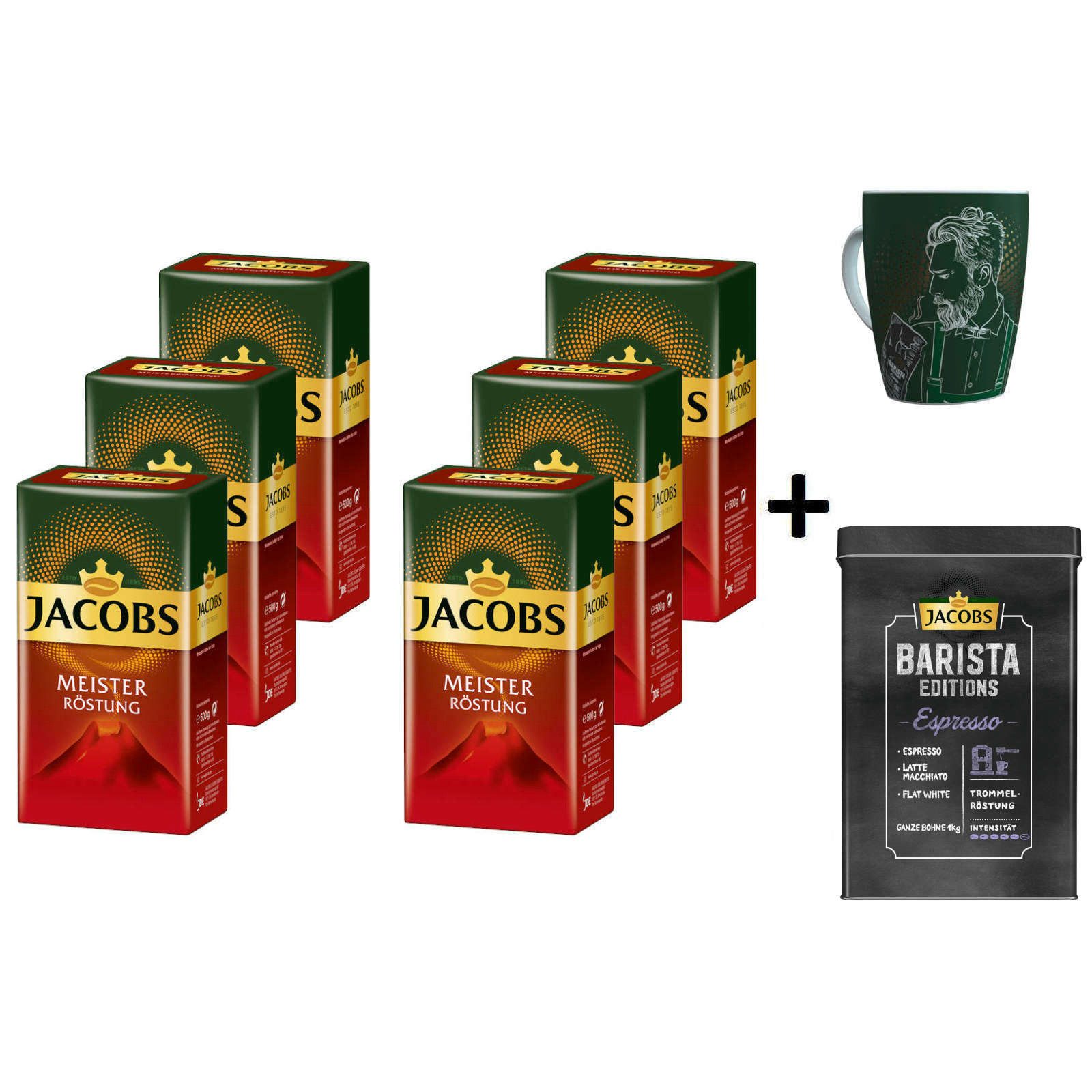 JACOBS Kaffee Filterkaffee Meisterröstung 6 x 500 g + 1 Becher + 1 Dose, (Set, 6er Pack Kaffee + 1 Dose + 1 Becher)