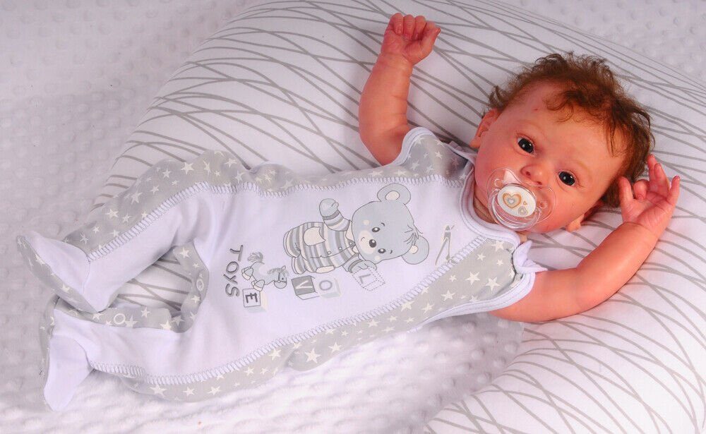 La Bortini Strampler Stramplerhose ärmellos für Babys Einteiler in Grau mit Sternchen aus reiner Buamwolle, mit Bären-Aufdruck, 44 50 56 62 68 74 80