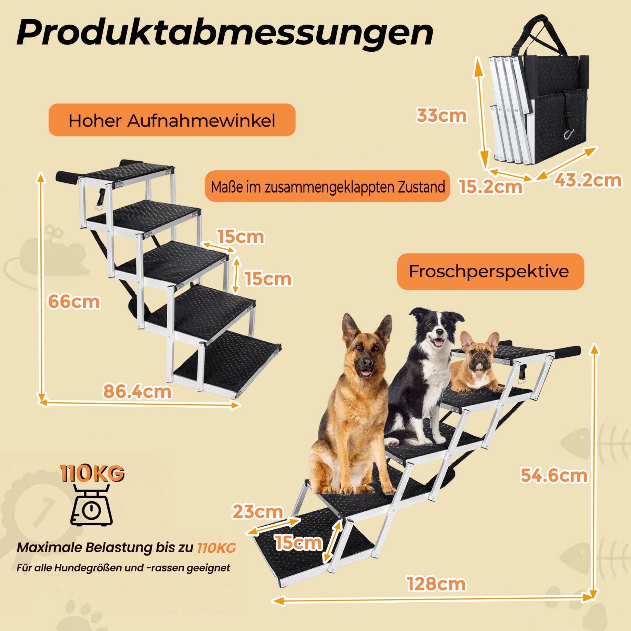 Blossom Hunderampe Klappbare Hunderampe aus Aluminium, höhenverstellbar rutschfest 110kg, 5-stufige Haustiertreppe mit Sicherheitsgurt für Auto, SUV, Bett, Sofa