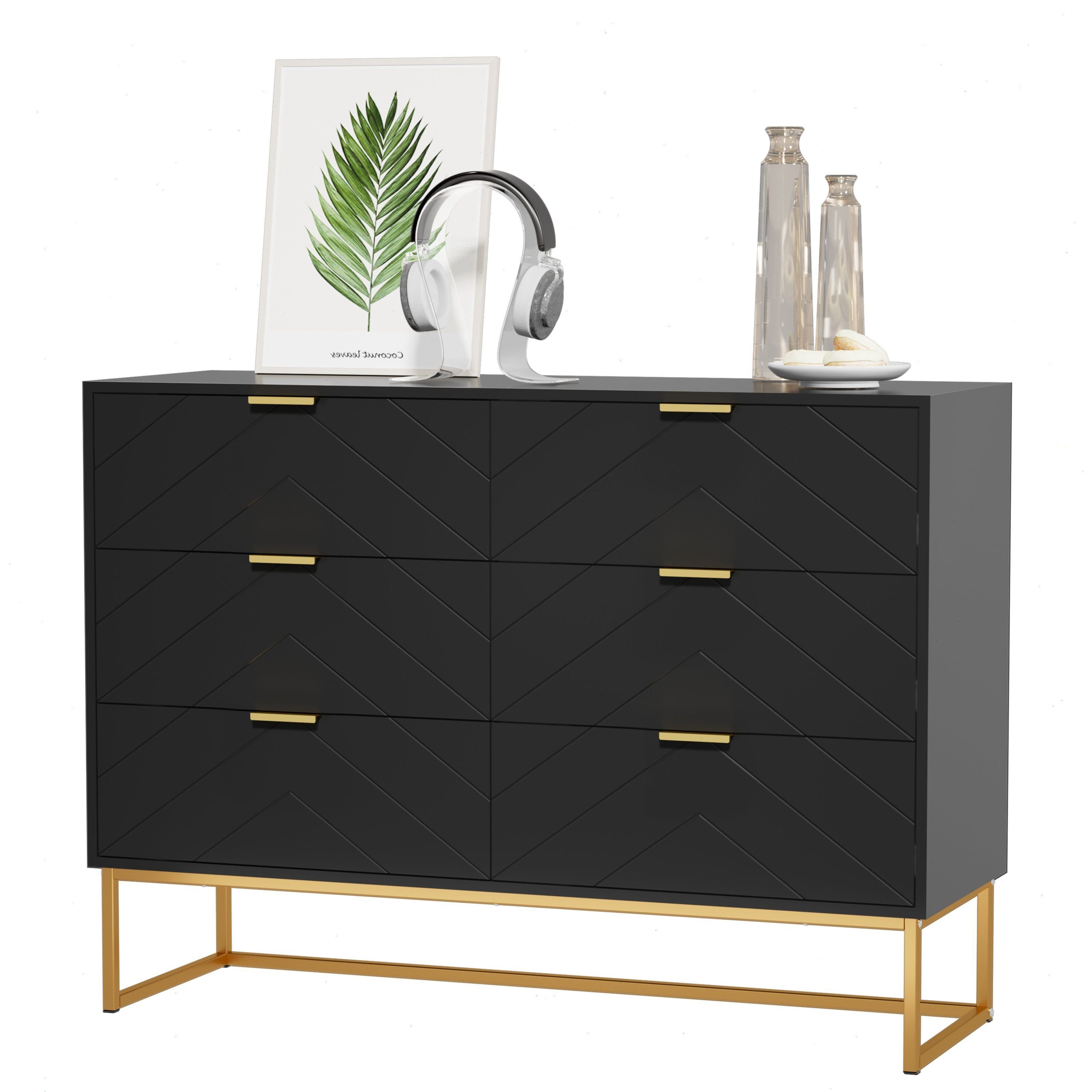 UEV Sideboard mit 6 Schubladen, Highboard Mehrzweckschrank mit Kisppschutz (für Wohnzimmer Schlafzimmer Büro Flur, 100x34x73,5cm), Кухниschrank Buffet TV Board Schrank mit Füße Aufbewahrungsschrank