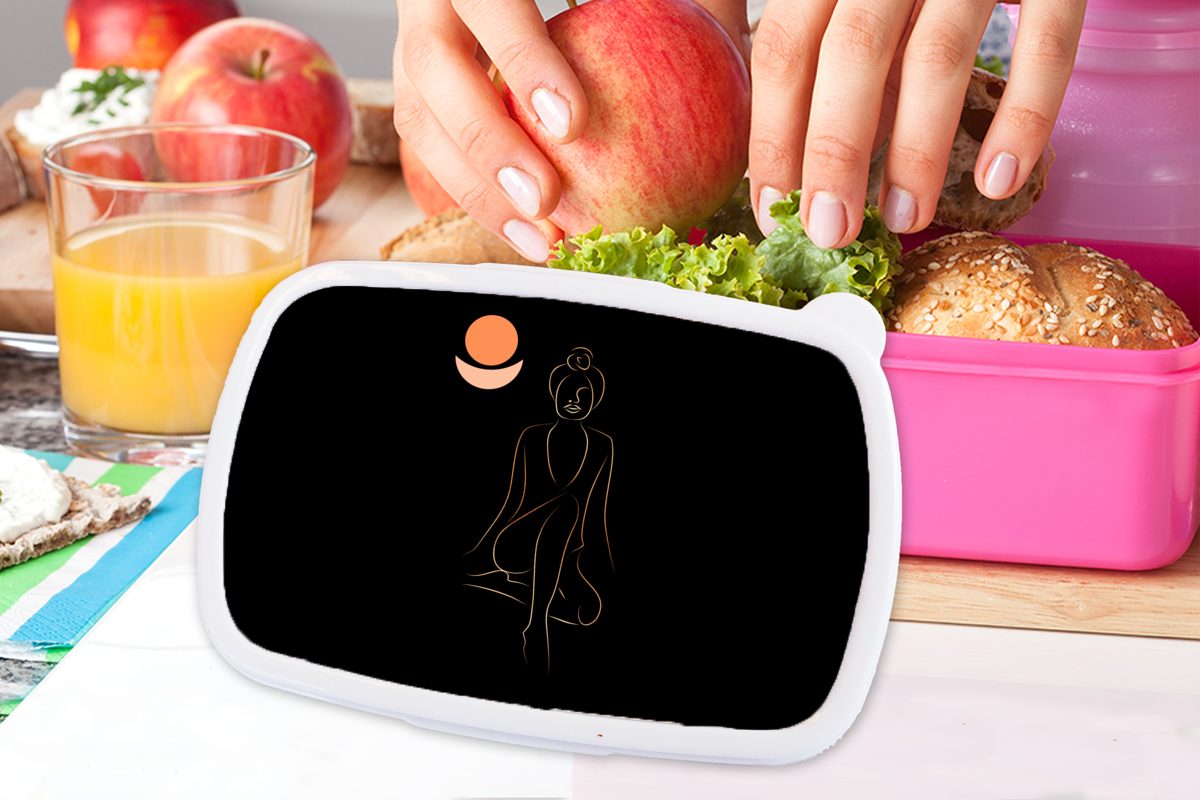 MuchoWow Lunchbox Frau - Linienkunst (2-tlg), Brotdose - rosa Kinder, Kunststoff, - Mädchen, Gold Erwachsene, Brotbox Meditation, Kunststoff Snackbox, für
