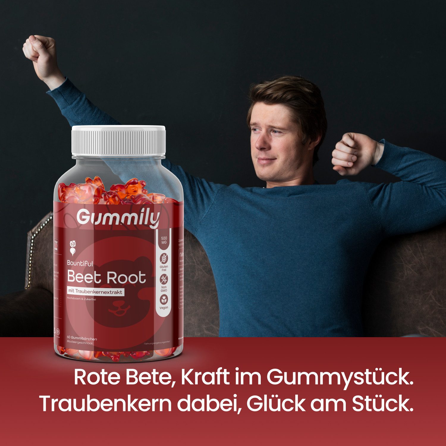 Gummily® Rote Bete Gummies 500mg - Beta vulgaris - Rote Beete Extrakt Gummibärchen, 180 g