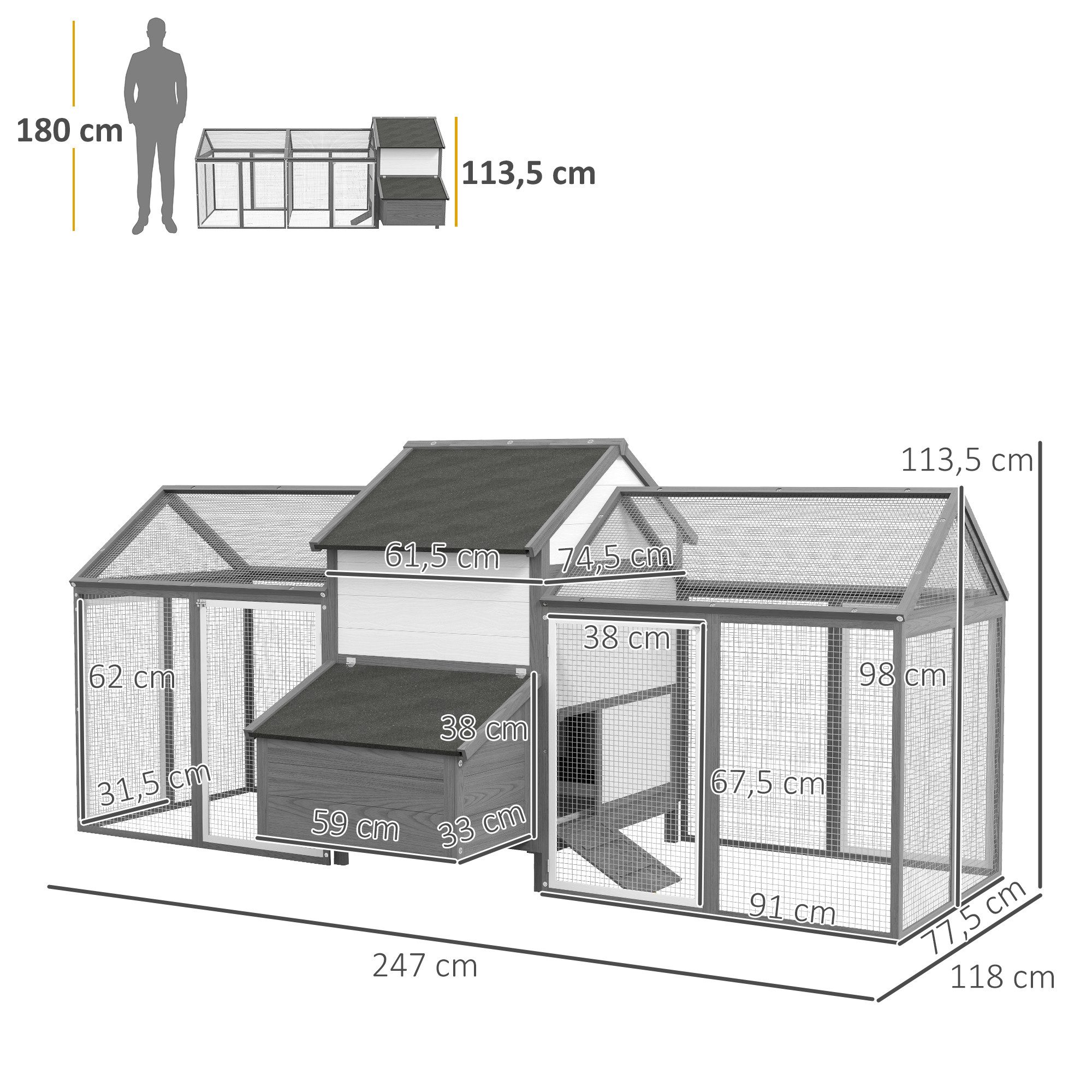 PawHut Hühnerstall Hühnerhaus aus Holz, Hühnergehege für 2-4 Hühner, für Garten, Balkon, Grau