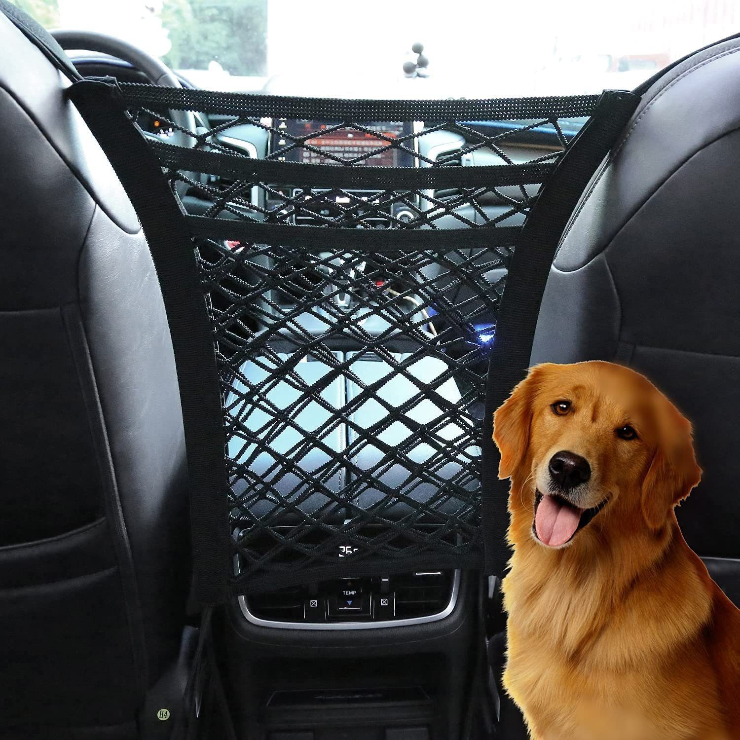 CALIYO Auto-Rückenlehnentasche 3 Schichten Autonetz Autositz  Aufbewahrungsnetz mit 2 Taschen, Netz mit Haken und dehnbarer Netzbarriere,  Auto-Hundegitter Autonetzbarriere für Hund, Haustier oder Kinder, 30 * 28cm