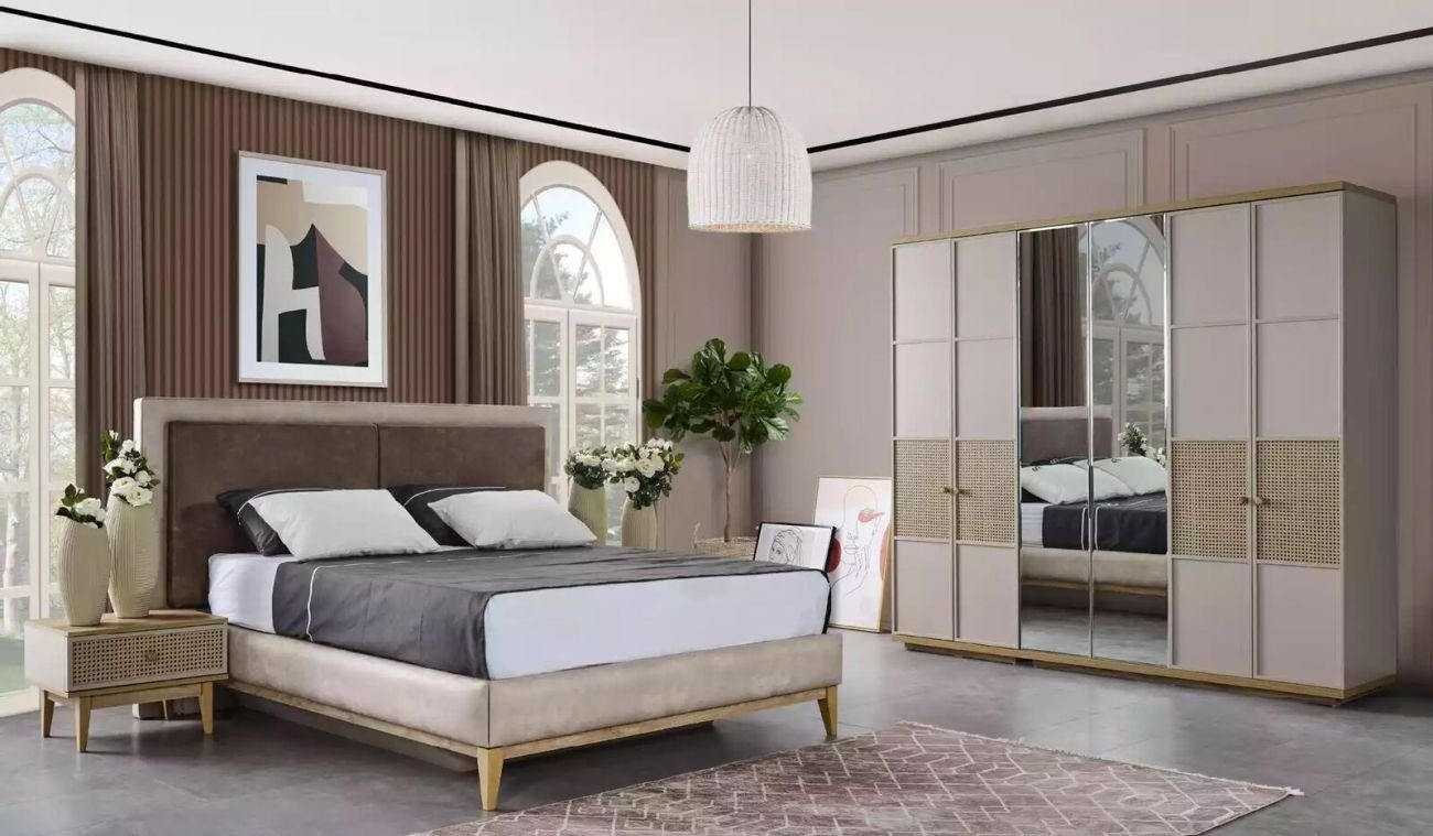 JVmoebel Schlafzimmer-Set + (4-St., in 1x 1x Grau, Möbel Kleiderschrank), + Bett Nahcttische Italy Set Luxus Bett 2x Schlafzimmer 2x Design Made Nachttische 4tlg