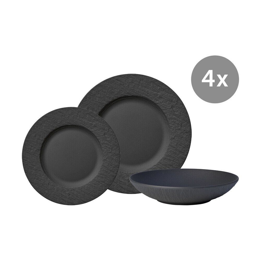 Villeroy & Boch Frühstücksteller Set Manufacture Rock Speiseteller, Frühstücksteller, Schale, 12-tlg., (1 St), 4-teiliges Frühstücksset, Geschirrset, für 4 Personen, Ø27cm, schwarz